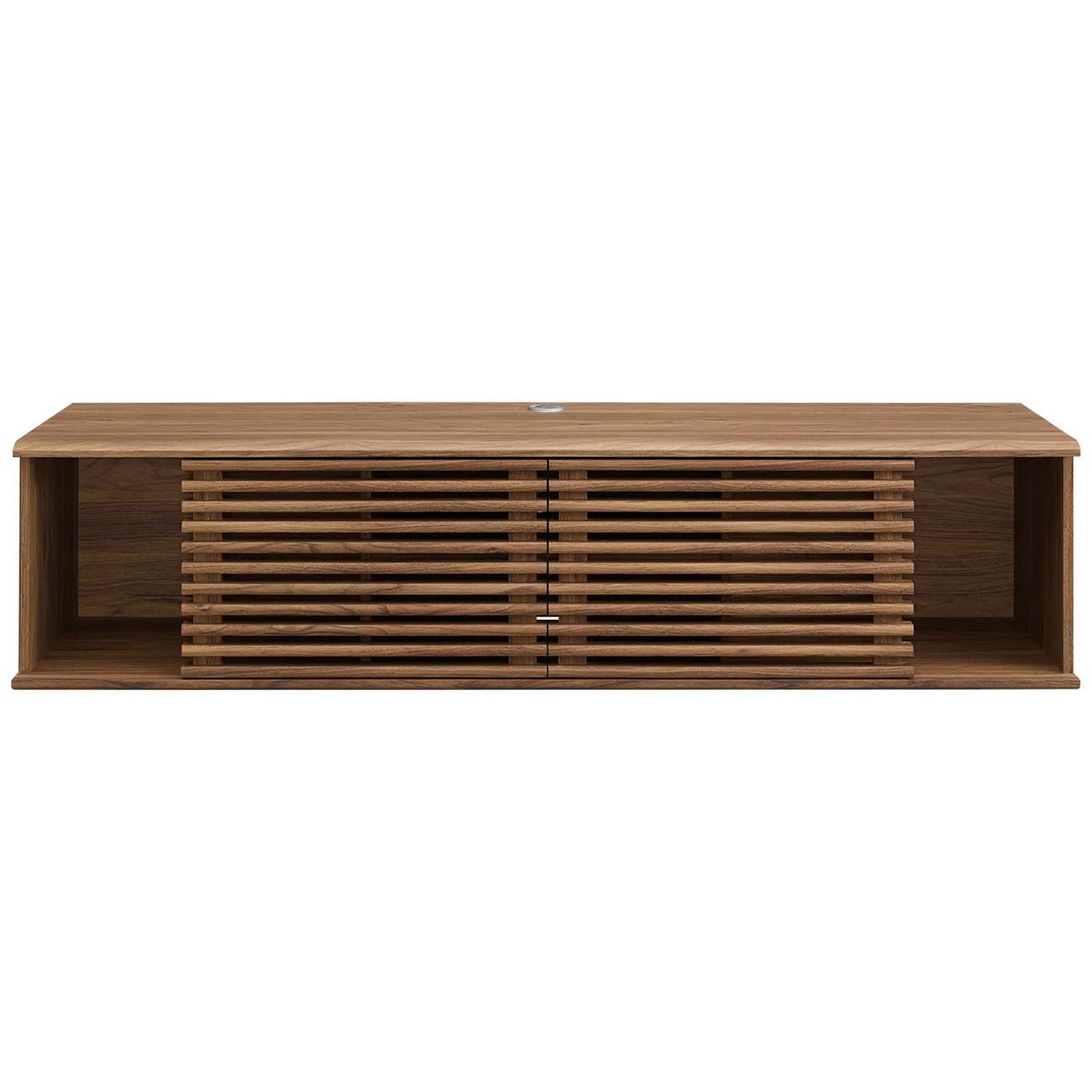 Wide mid-century TV stand with doors arranged to showcase open side compartments and concealed center. || EEI-4267-WAL || front_studio