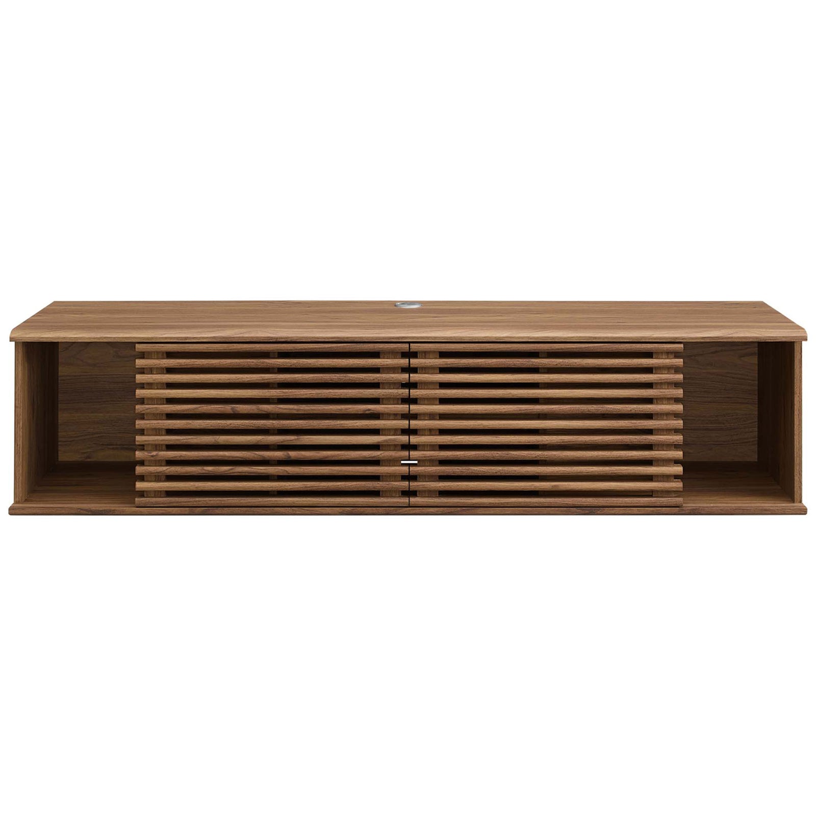Wide mid-century TV stand with doors arranged to showcase open side compartments and concealed center. || EEI-4267-WAL || front_studio