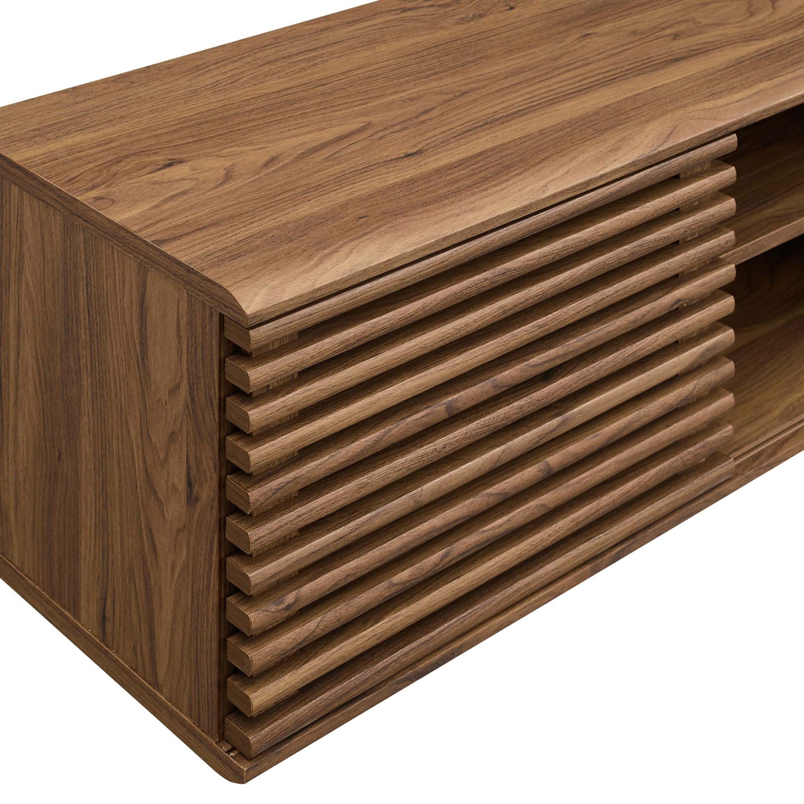 Close-up showcasing the walnut finish and horizontal slat texture on the Render wall-mounted TV cabinet. || EEI-4267-WAL || detail_studio