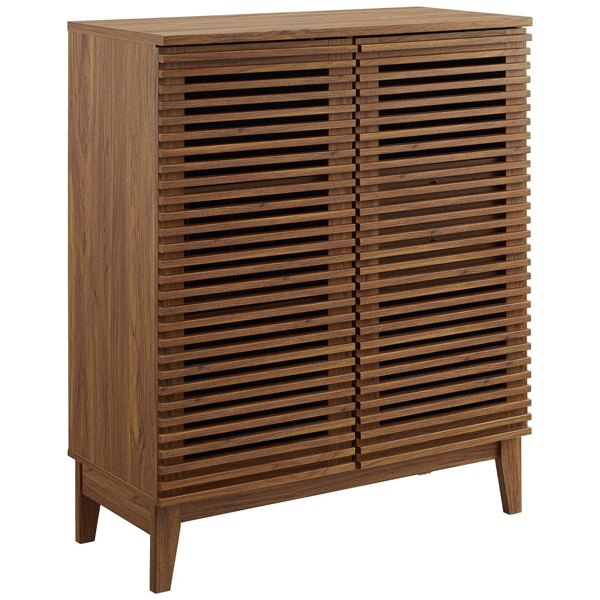 Walnut slatted bar cabinet with smooth wood grain and splayed tapered legs for a mid-century look || EEI-4311-WAL || front_angle_studio