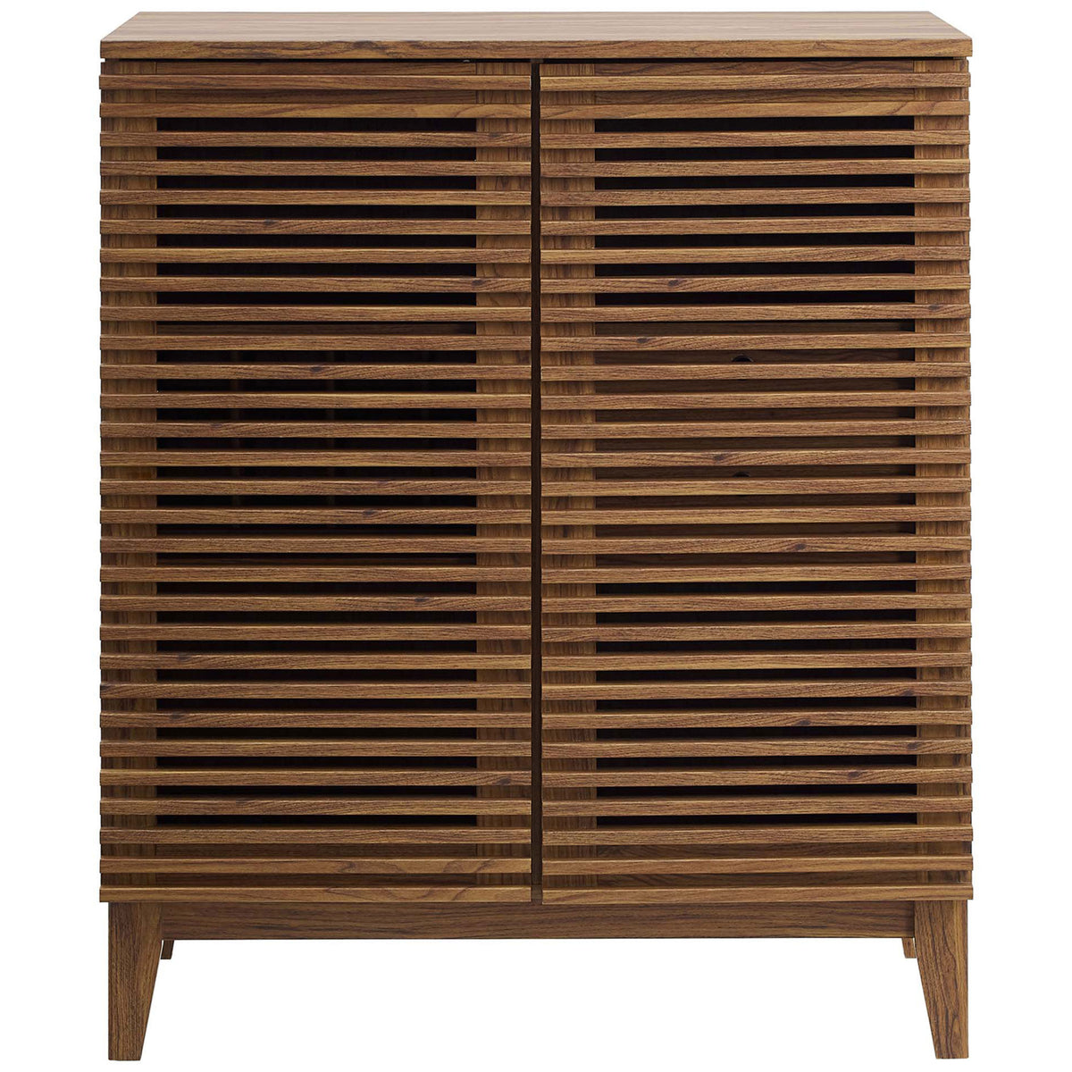 Louvered walnut bar cabinet with symmetrical slatted doors and raised tapered legs || EEI-4311-WAL || front_studio