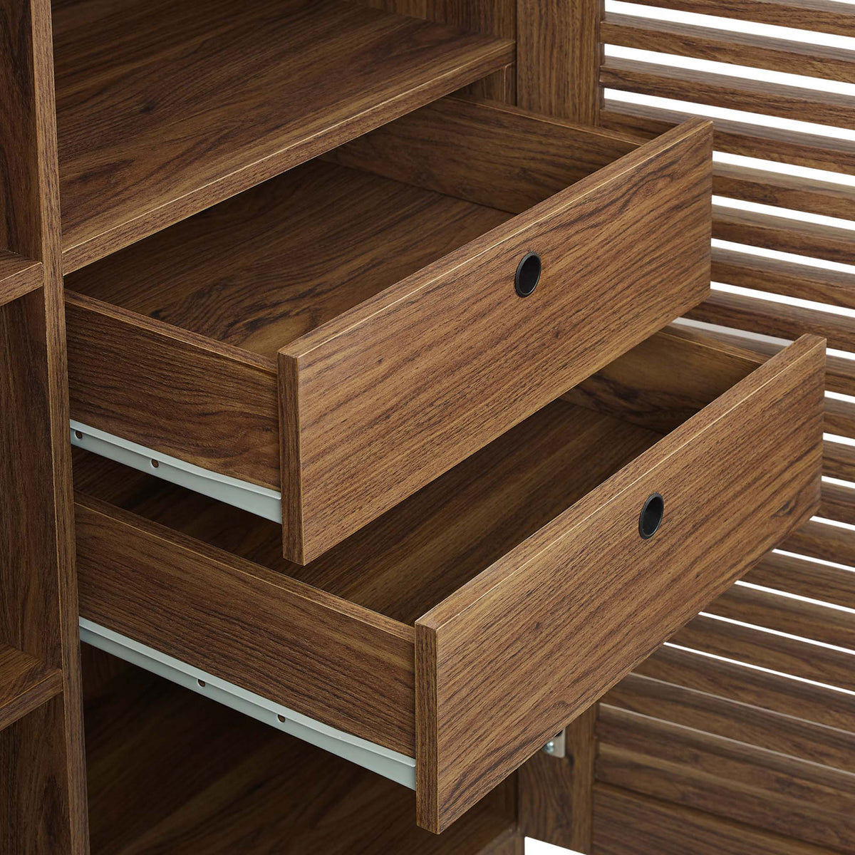 Dual walnut drawers on smooth metal glides with minimalist finger pulls || EEI-4311-WAL || storage_open_studio