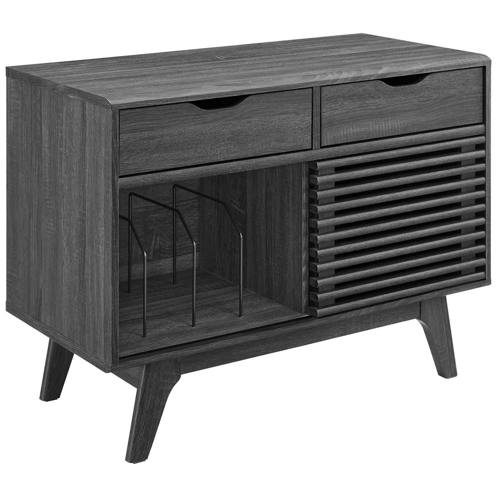 Charcoal finish record stand with tapered legs, two drawers, and a slatted door creating clean mid-century lines || EEI-4323-CHA || front_angle_studio