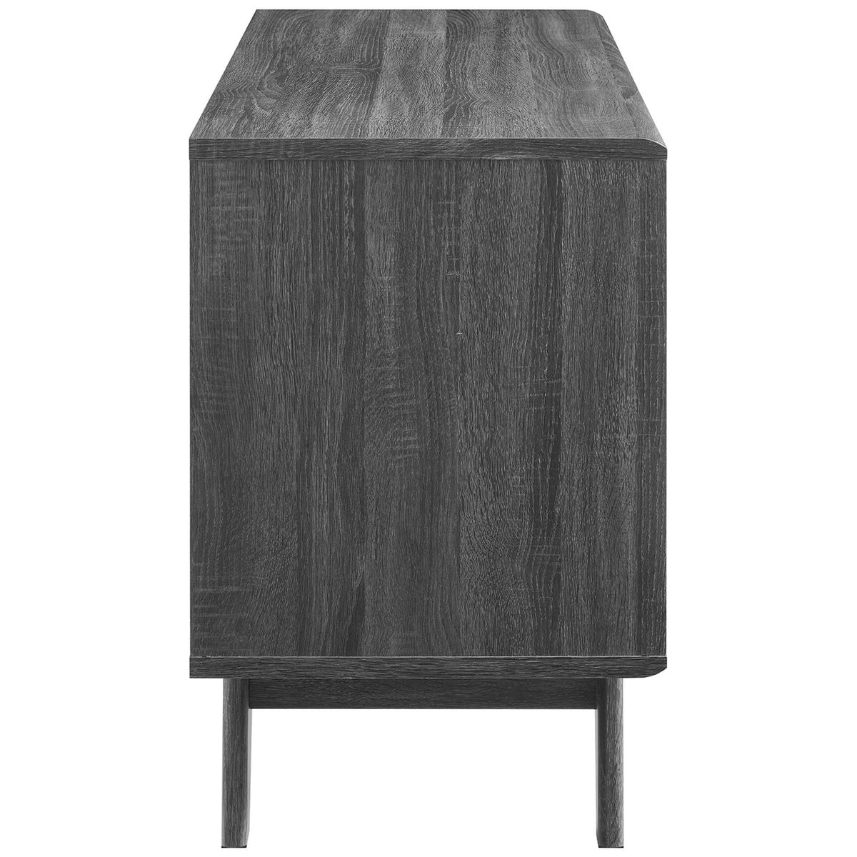 Charcoal record stand profile emphasizing the smooth wood grain finish and angled, splayed mid-century legs || EEI-4323-CHA || side_studio