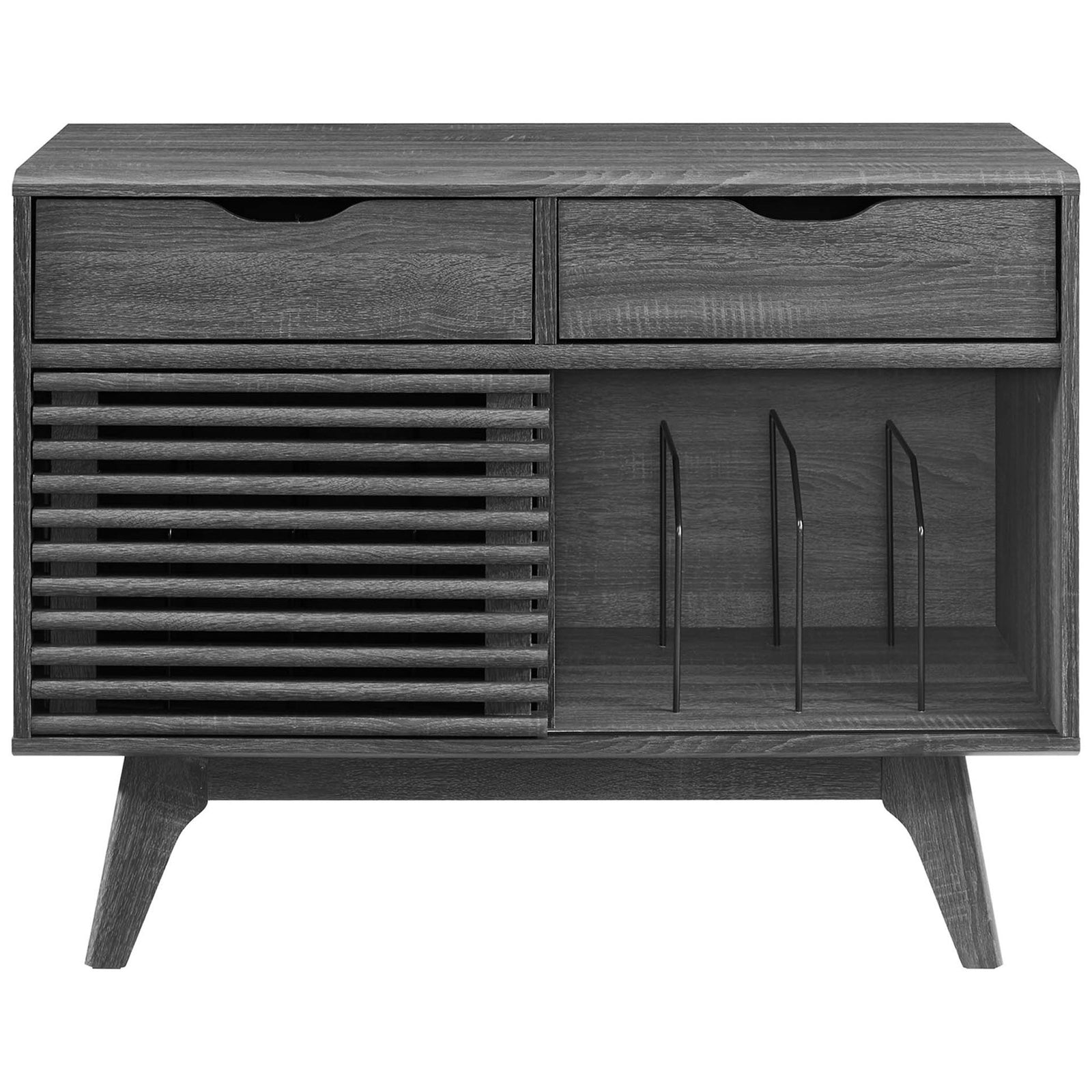 Charcoal vinyl record stand with sliding slatted door, dual drawers, and metal dividers for organized album storage || EEI-4323-CHA || front_studio