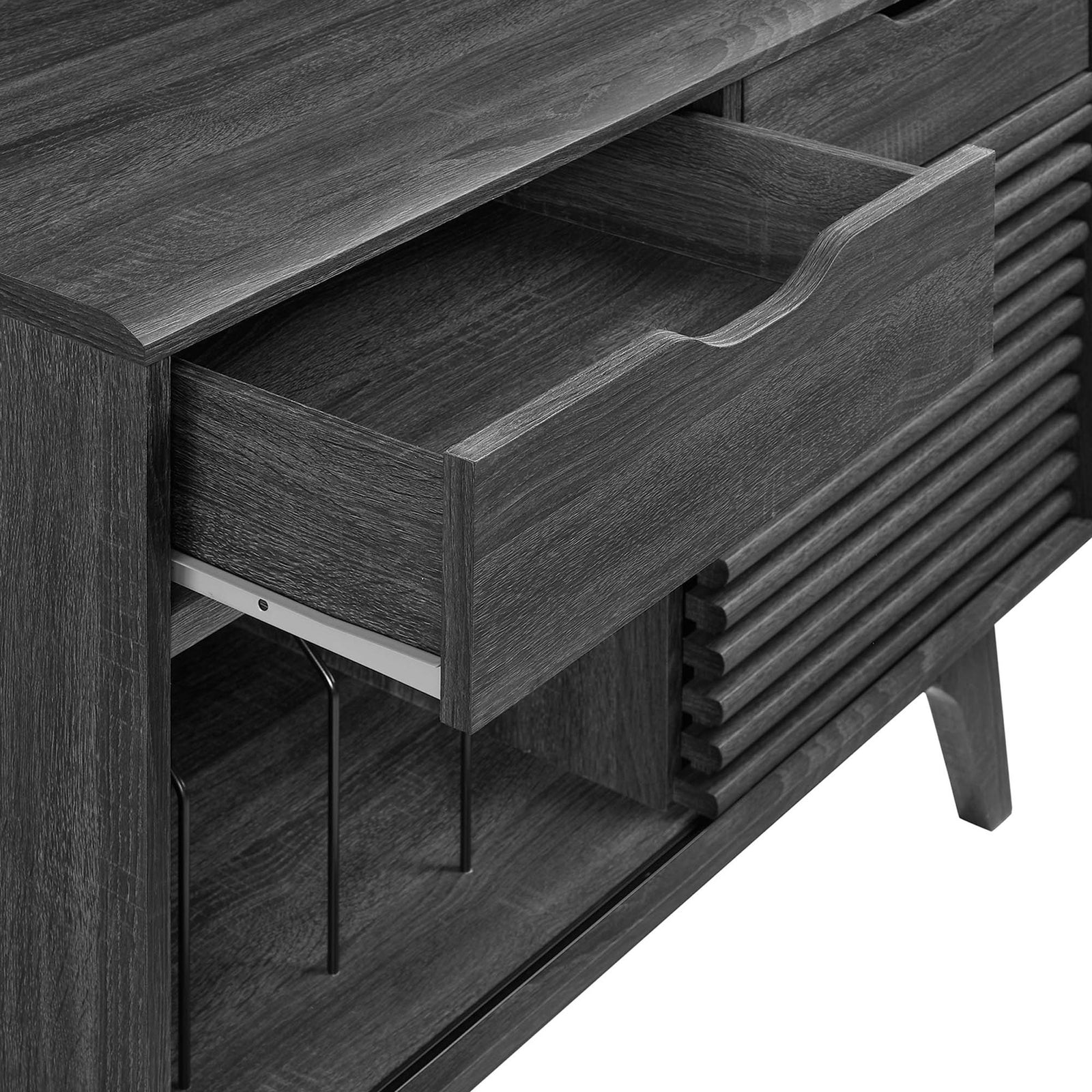 Charcoal stand drawer open to show spacious interior storage, smooth metal glides, and coordinating slatted door detail || EEI-4323-CHA || storage_studio