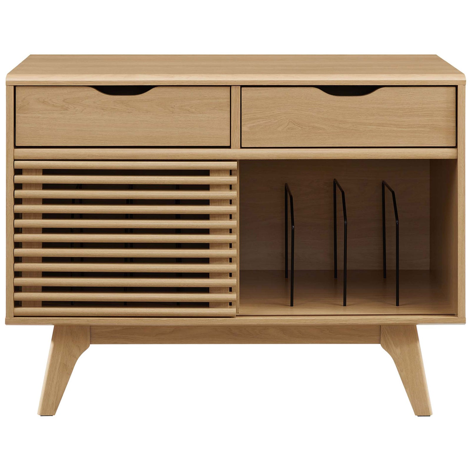 Oak vinyl record stand with sliding slatted door, dual drawers, and metal dividers to keep albums neatly arranged || EEI-4323-OAK || front_studio