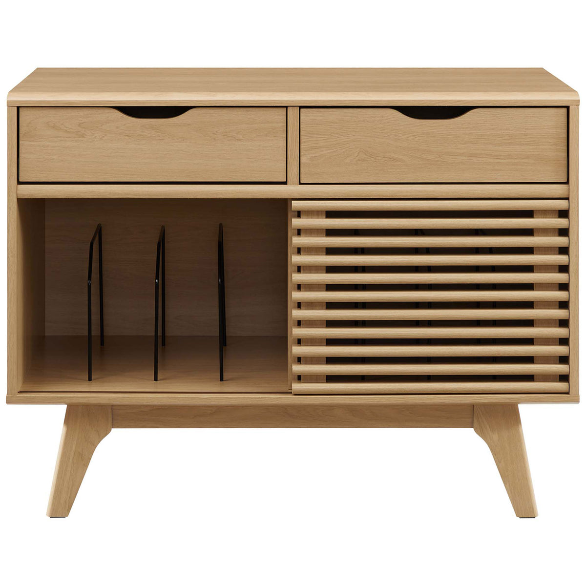 Oak record console featuring a slatted door beside open record slots with sturdy metal dividers || EEI-4323-OAK || front_studio