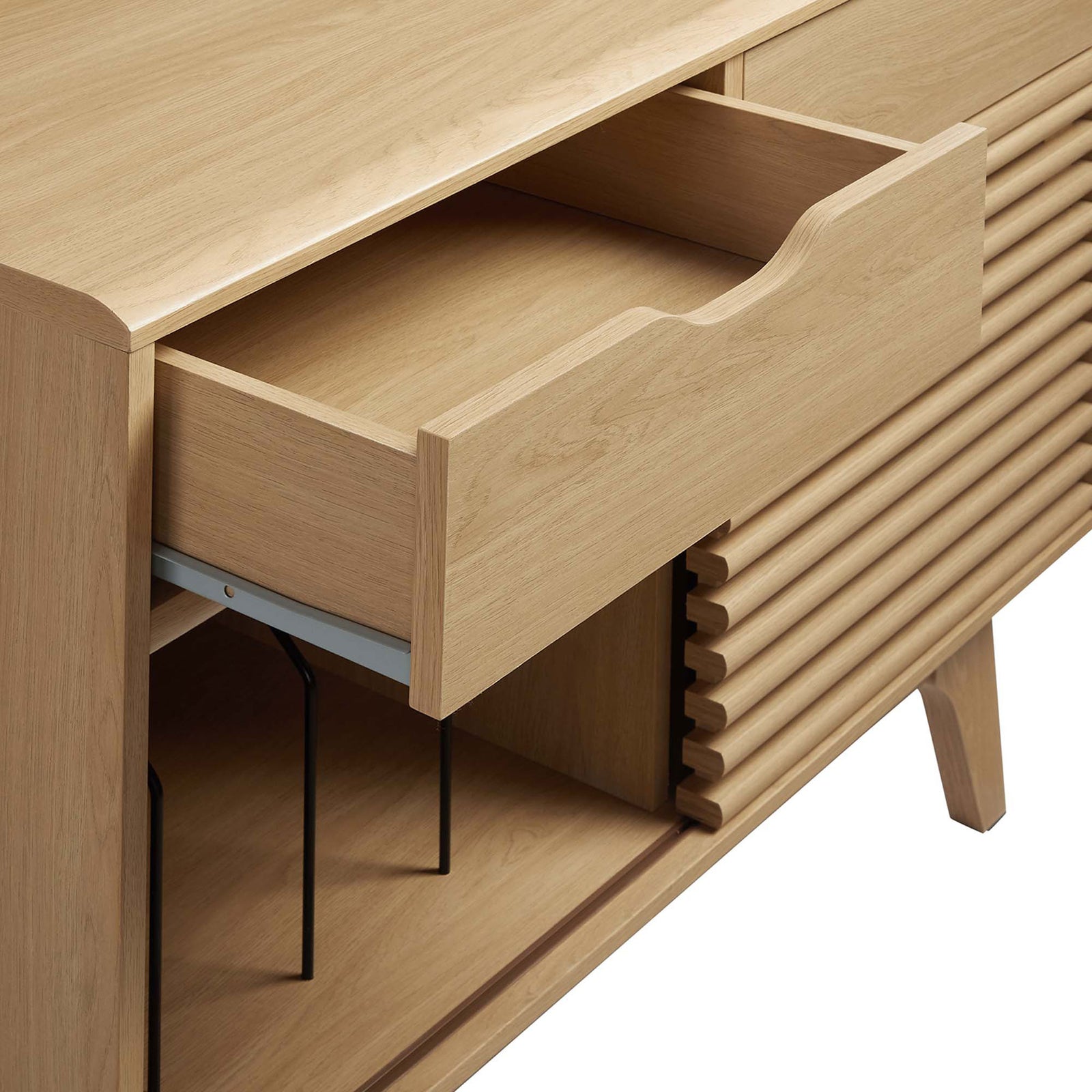 Oak stand drawer pulled out to reveal generous storage space, smooth glides, and neatly framed front details || EEI-4323-OAK || storage_studio