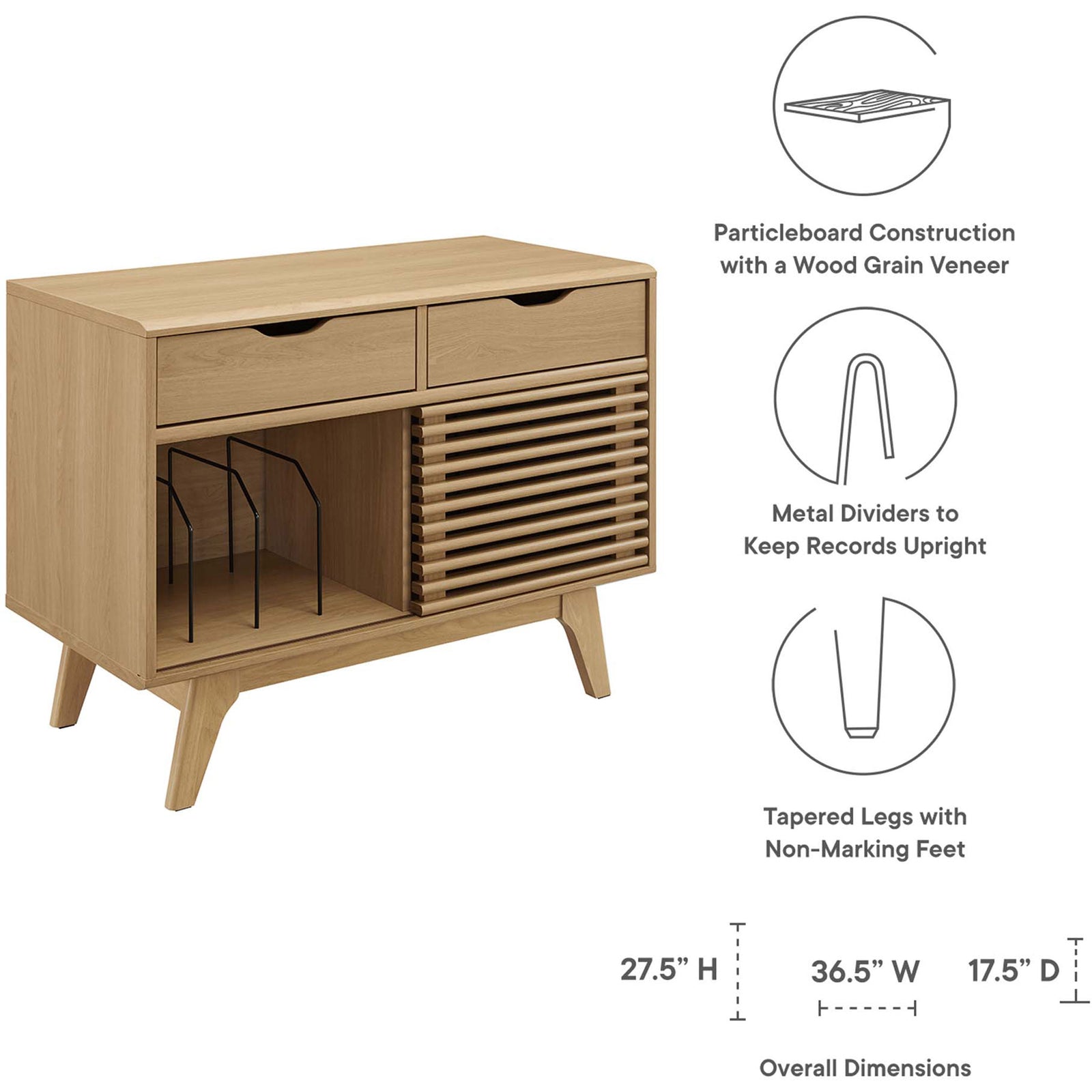 Oak record stand graphic showing wood grain finish, metal dividers, tapered legs, and labeled overall dimensions || EEI-4323-OAK || dimension_studio