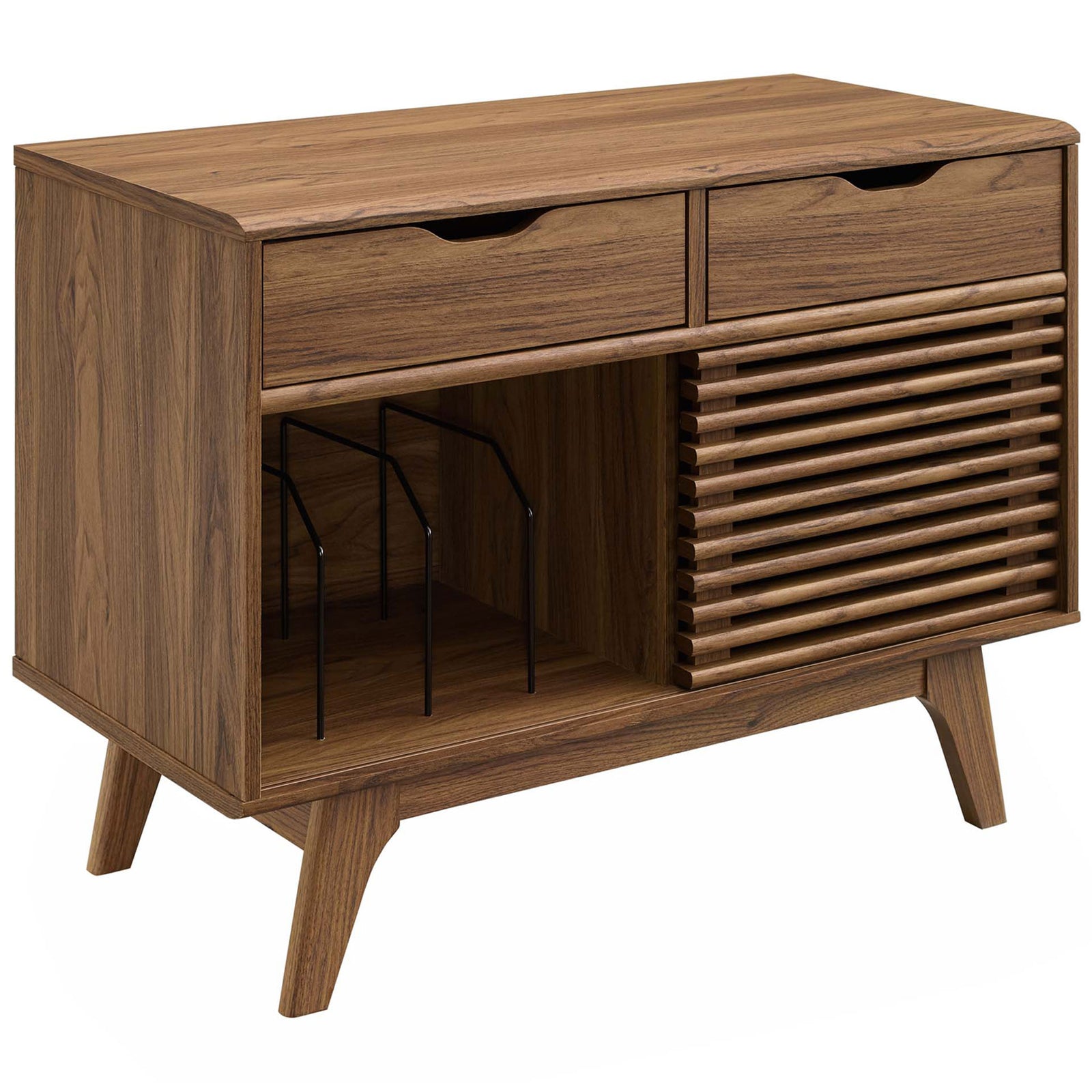 Walnut finish record stand with rich wood grain, tapered legs, and generous storage for albums and accessories || EEI-4323-WAL || front_angle_studio