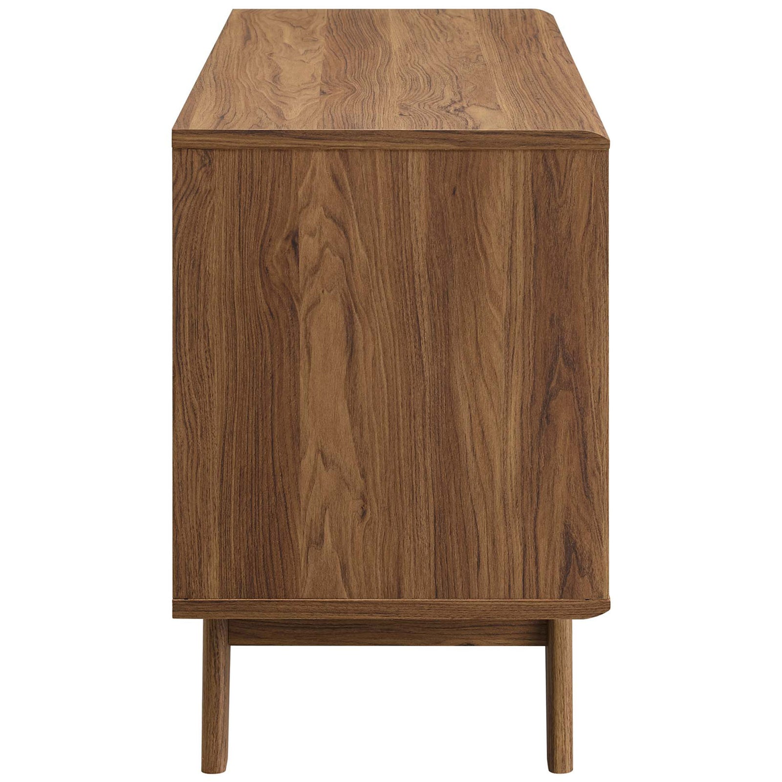 Walnut record stand profile emphasizing the smooth side panel, natural wood look, and angled mid-century legs || EEI-4323-WAL || side_studio