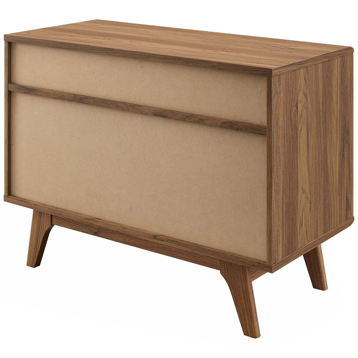 Walnut record stand showcasing the back panel, sturdy frame construction, and splayed retro legs || EEI-4323-WAL || back_angle_studio