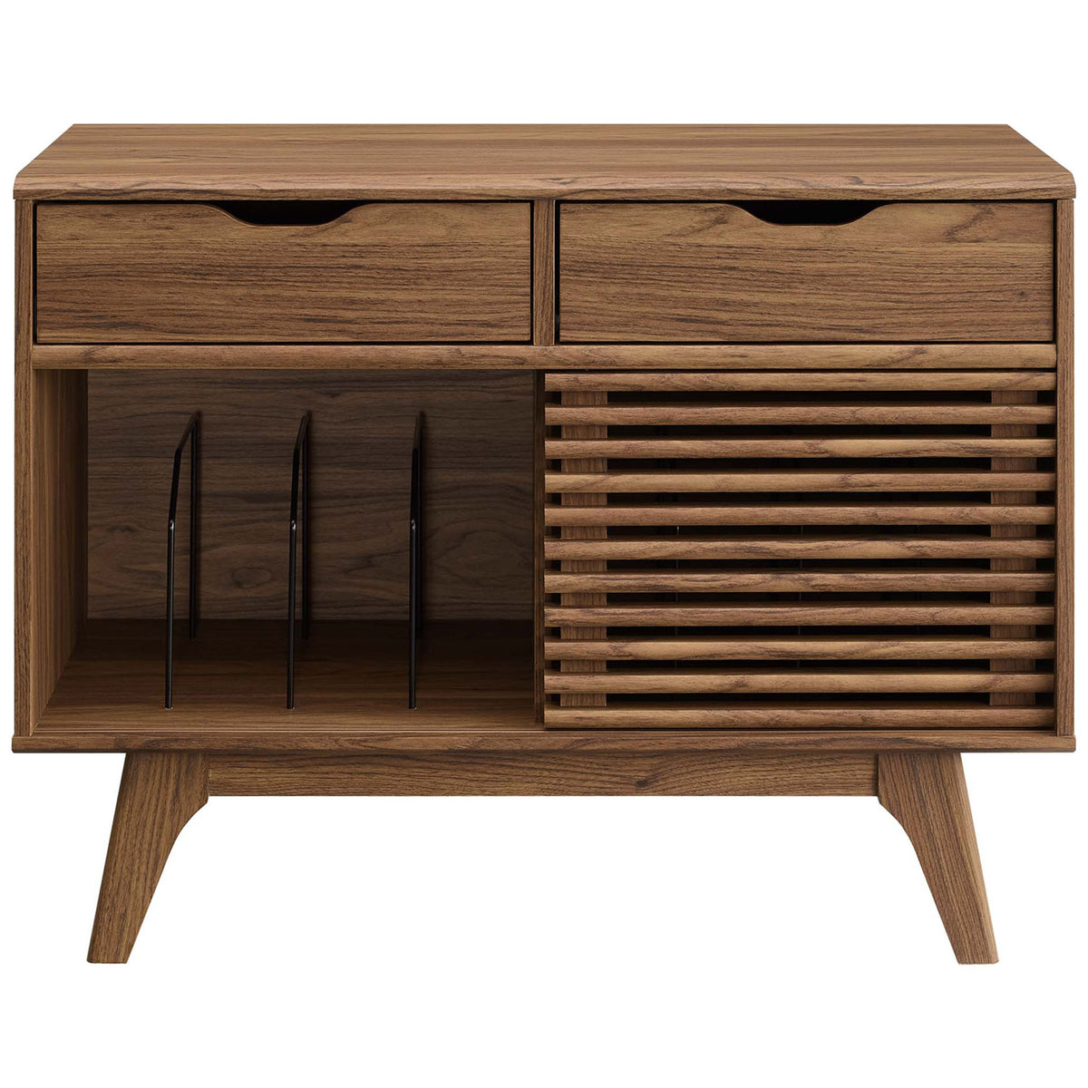 Walnut vinyl record stand with sliding slatted door, dual drawers, and metal dividers for organized album storage || EEI-4323-WAL || front_studio