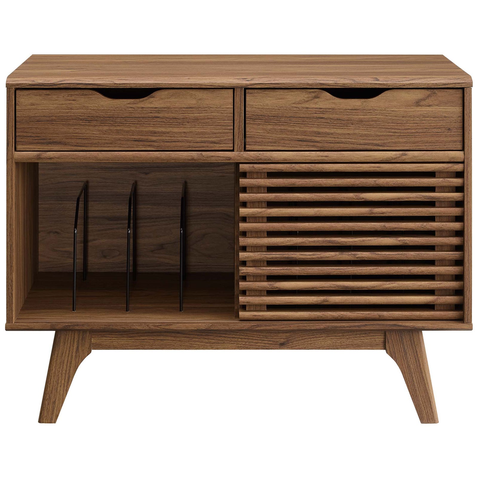 Walnut vinyl record stand with sliding slatted door, dual drawers, and metal dividers for organized album storage || EEI-4323-WAL || front_studio