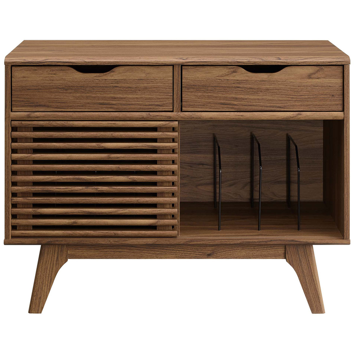 Walnut record console highlighting the slatted door beside open record storage with sturdy metal dividers || EEI-4323-WAL || front_studio