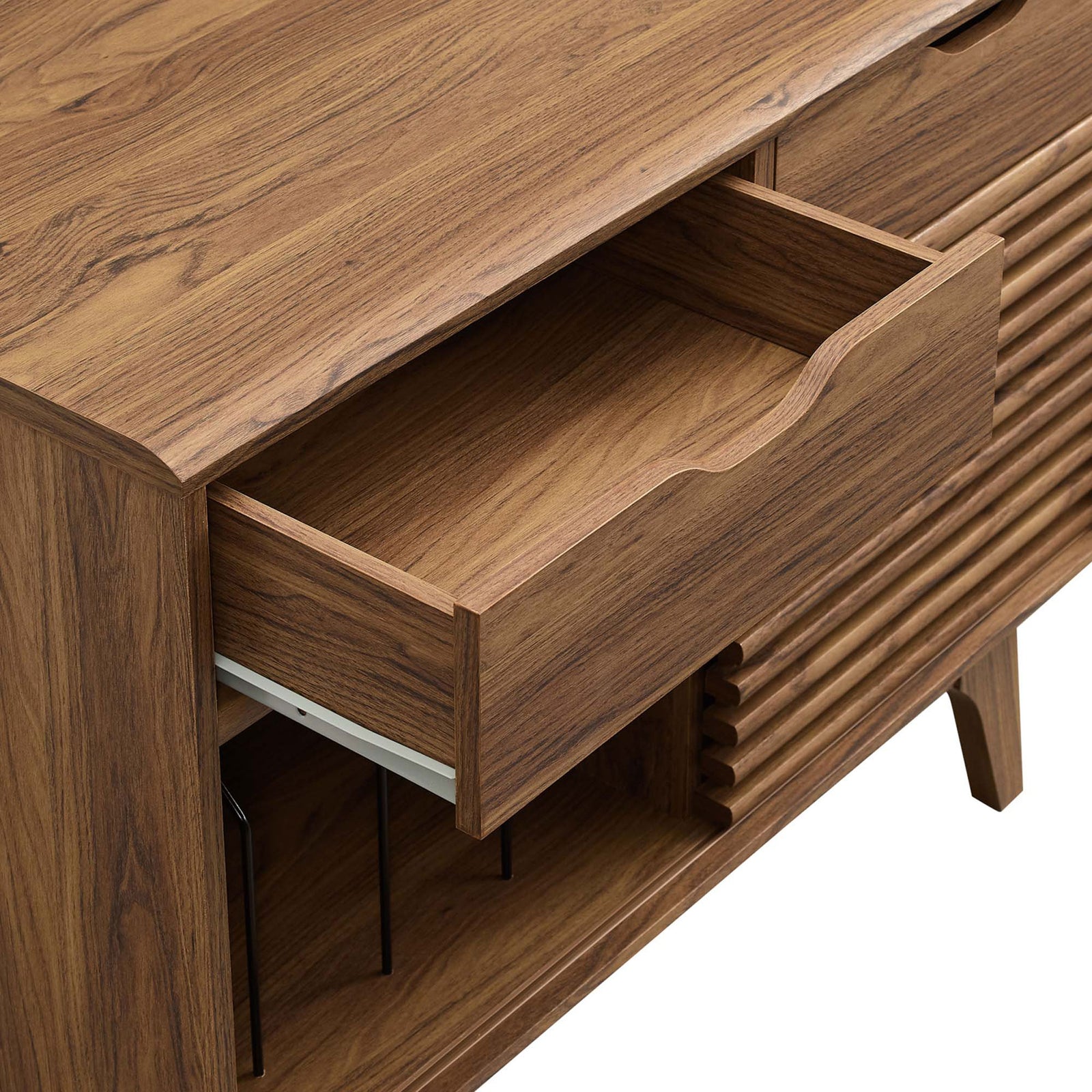 Walnut stand drawer open to reveal spacious interior storage, smooth metal glides, and the slatted door detail || EEI-4323-WAL || storage_studio