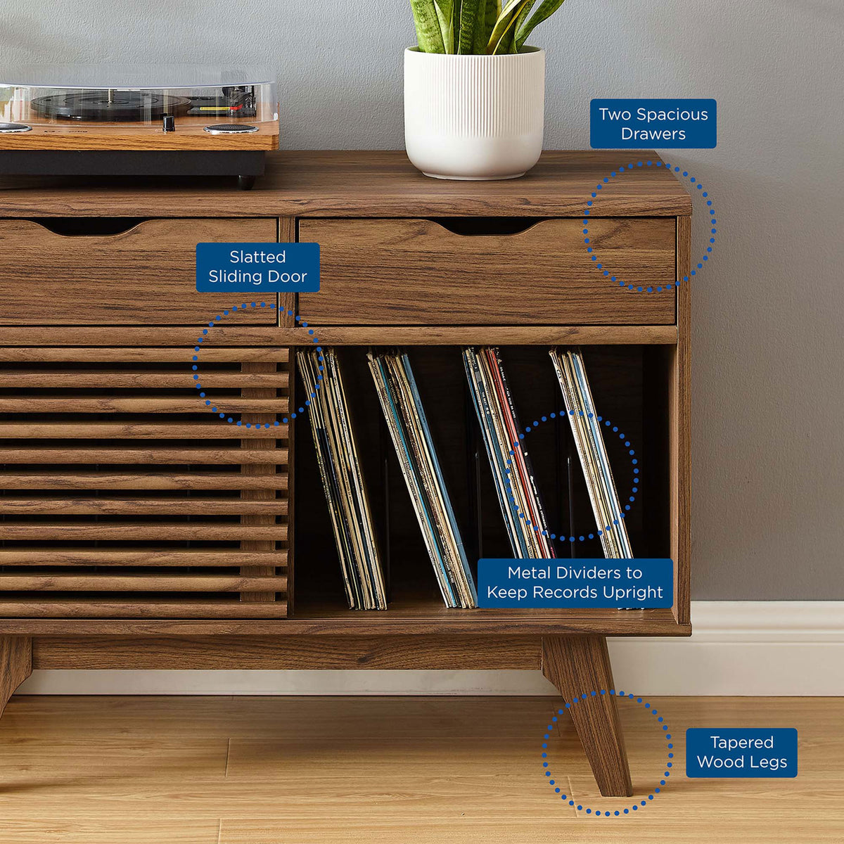 Walnut record stand with overlaid text callouts pointing out the drawers, sliding door, metal dividers, and legs || EEI-4323-WAL || callout_room