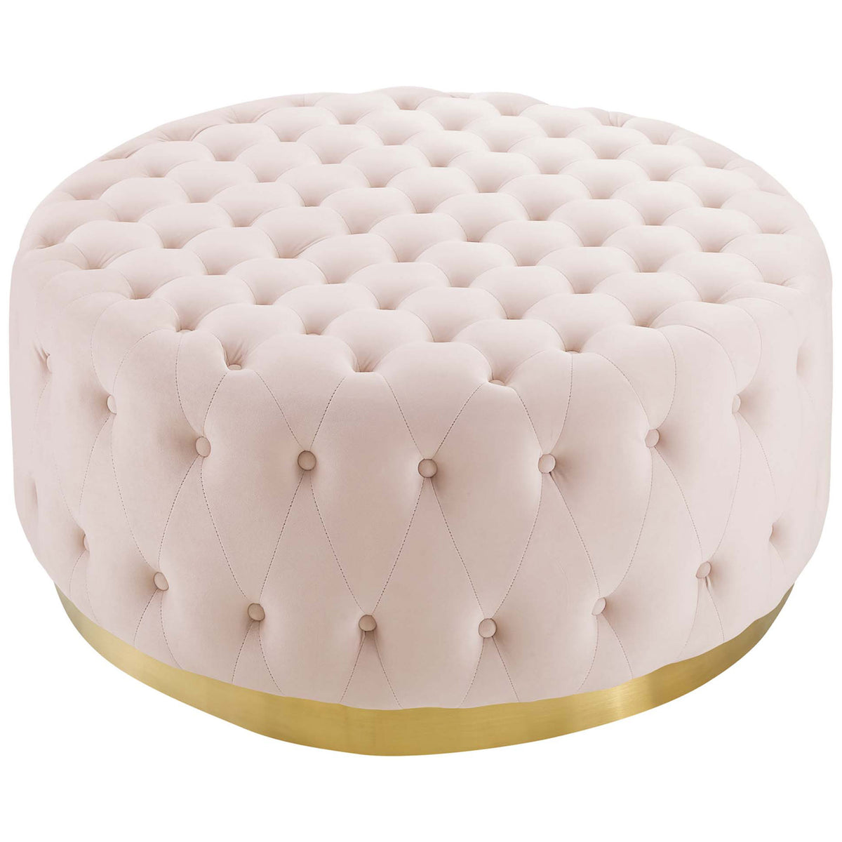 Pink tufted round ottoman with plush performance velvet and gold base || EEI-4326-PNK || front_studio