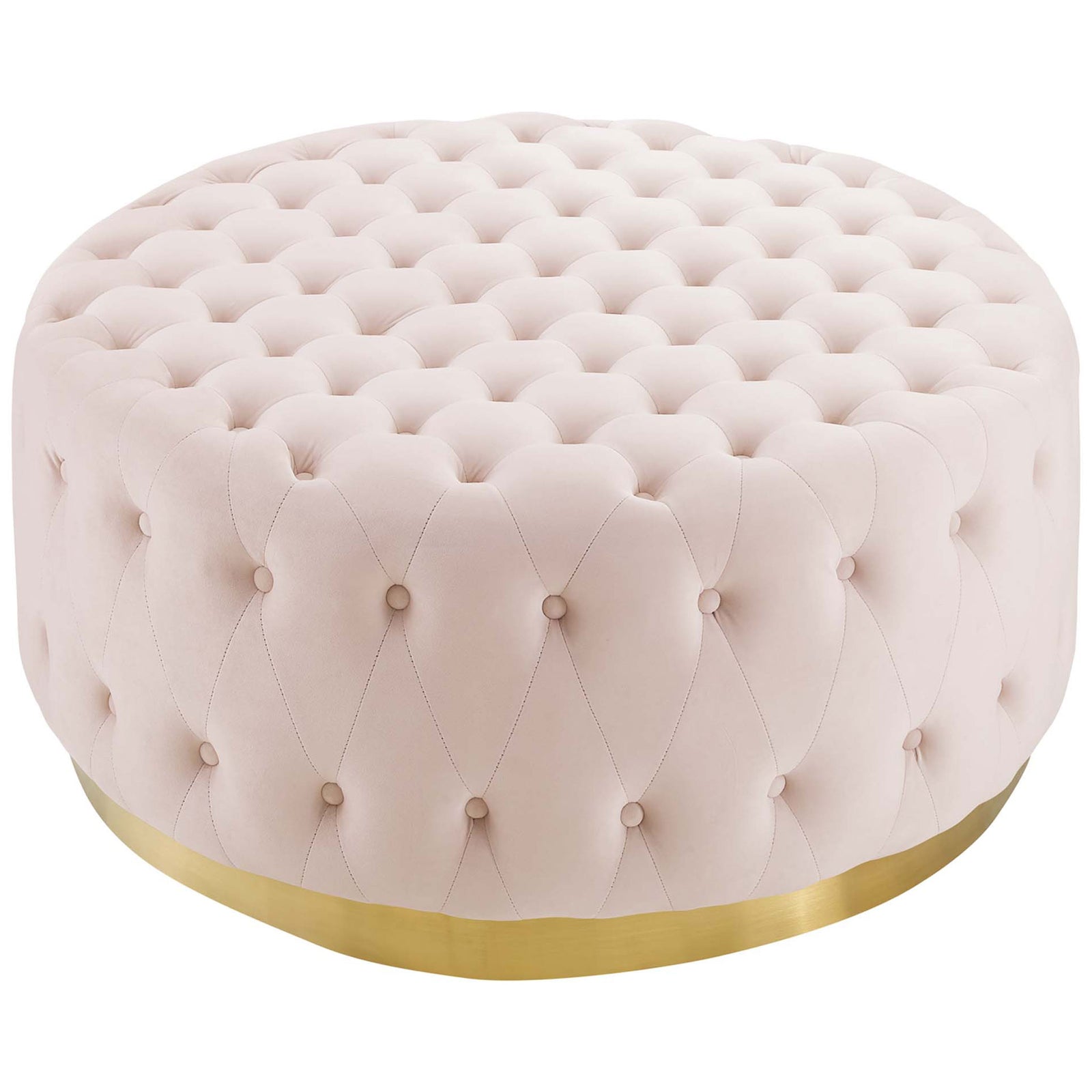 Pink tufted round ottoman with plush performance velvet and gold base || EEI-4326-PNK || front_studio