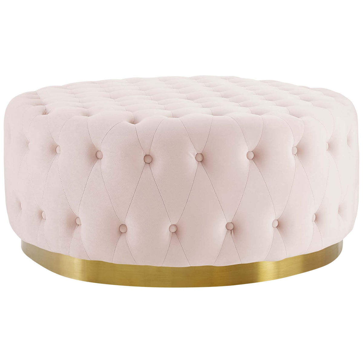 Pink velvet round ottoman with deep button tufting and a gleaming gold banded base || EEI-4326-PNK || front_angle_studio