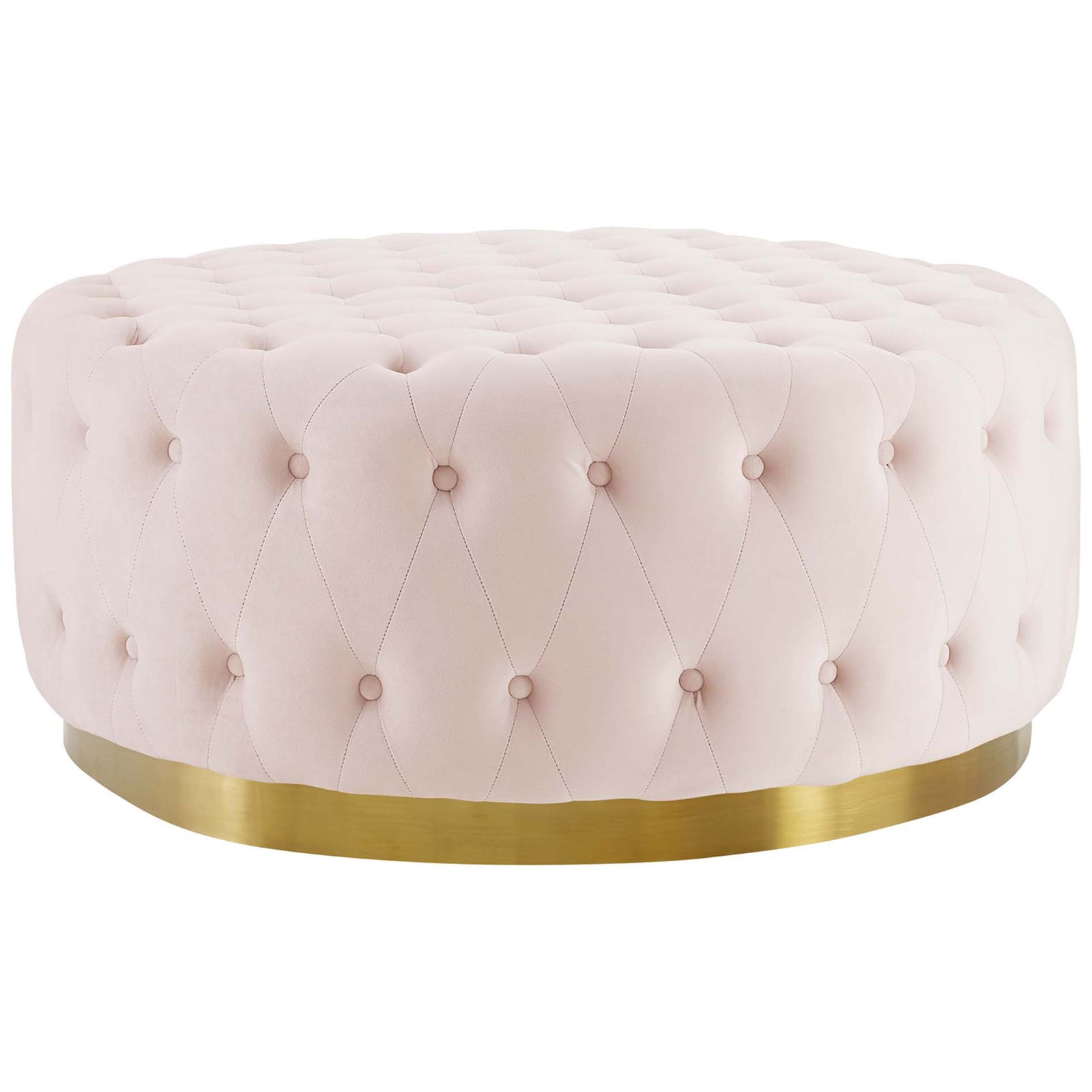 Pink velvet round ottoman with deep button tufting and a gleaming gold banded base || EEI-4326-PNK || front_angle_studio