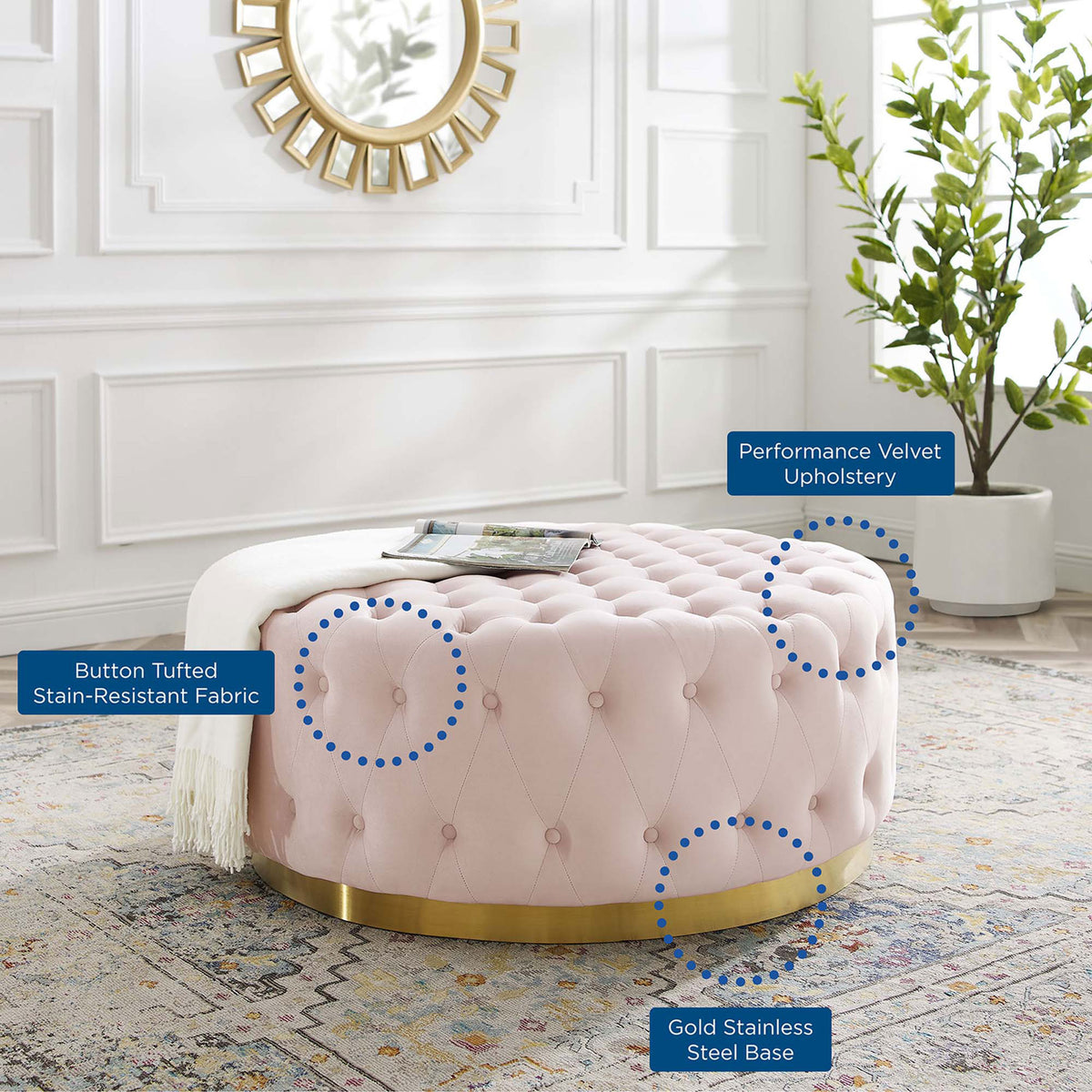 Pink velvet ottoman in a chic living room highlighting its tufted fabric and gold base || EEI-4326-PNK || callout_room