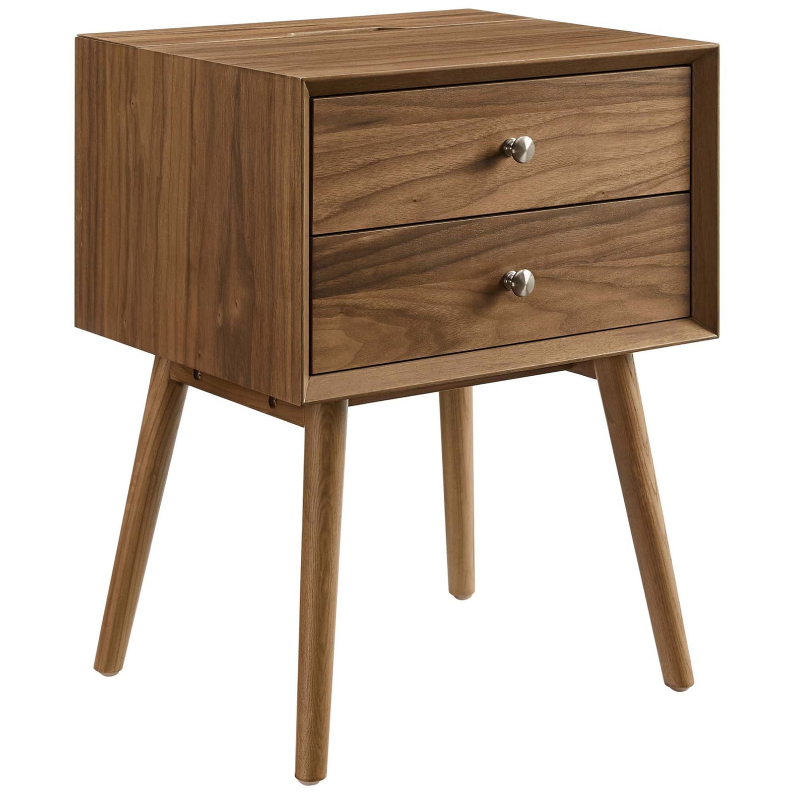 Walnut nightstand with two drawers and tapered legs in a mid-century design || EEI-4343-WAL-WAL || front_angle_studio