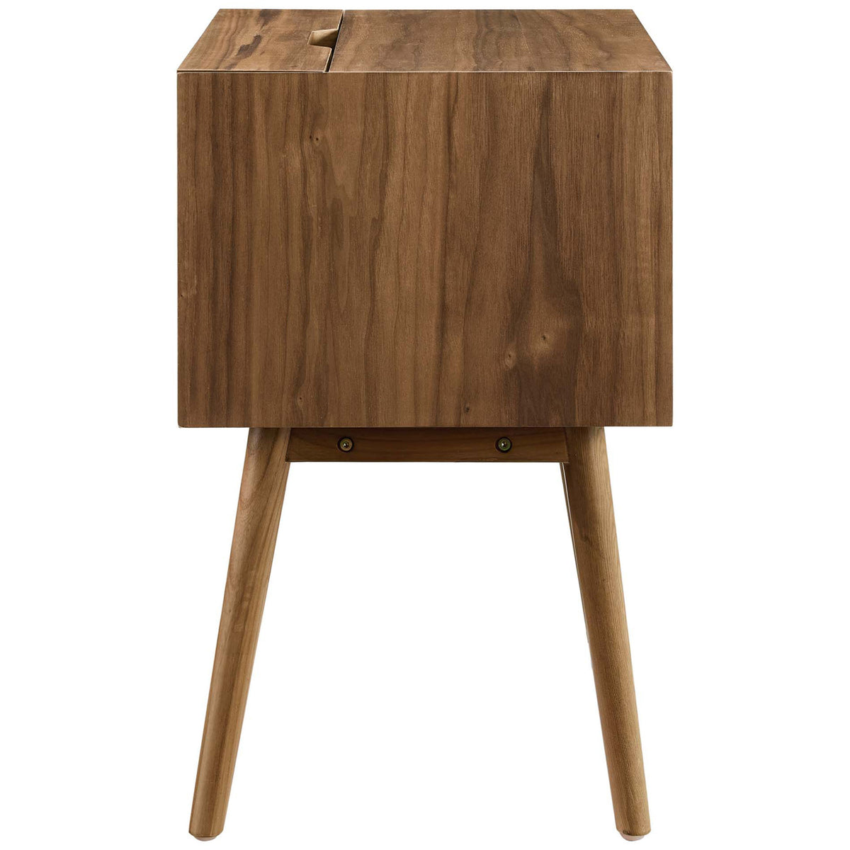 Sleek walnut nightstand showing smooth wood grain and splayed legs for a modern look || EEI-4343-WAL-WAL || side_studio