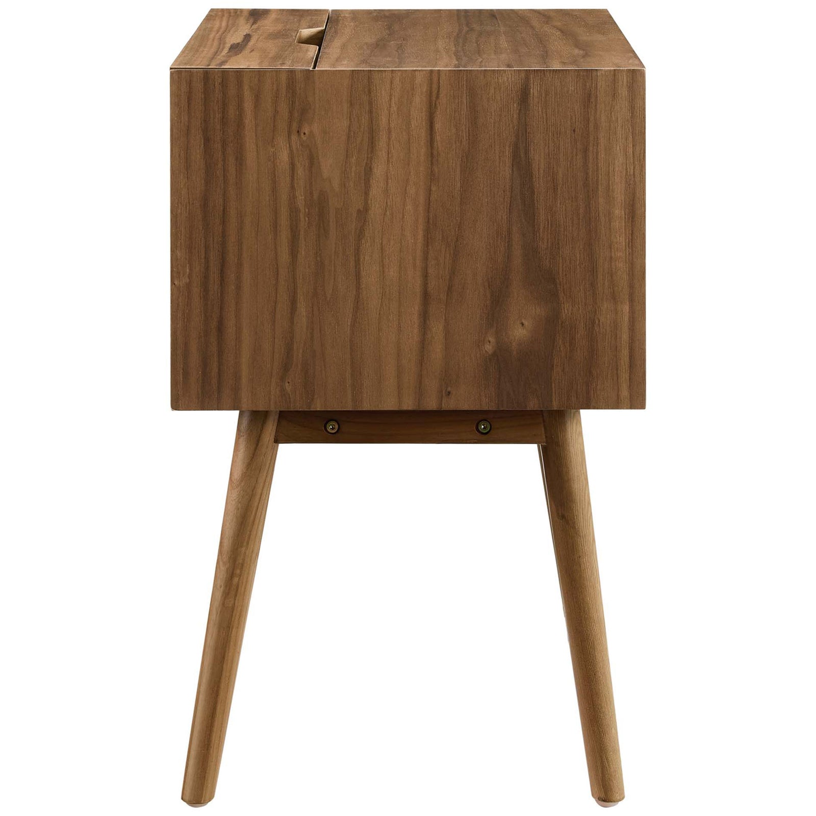 Sleek walnut nightstand showing smooth wood grain and splayed legs for a modern look || EEI-4343-WAL-WAL || side_studio