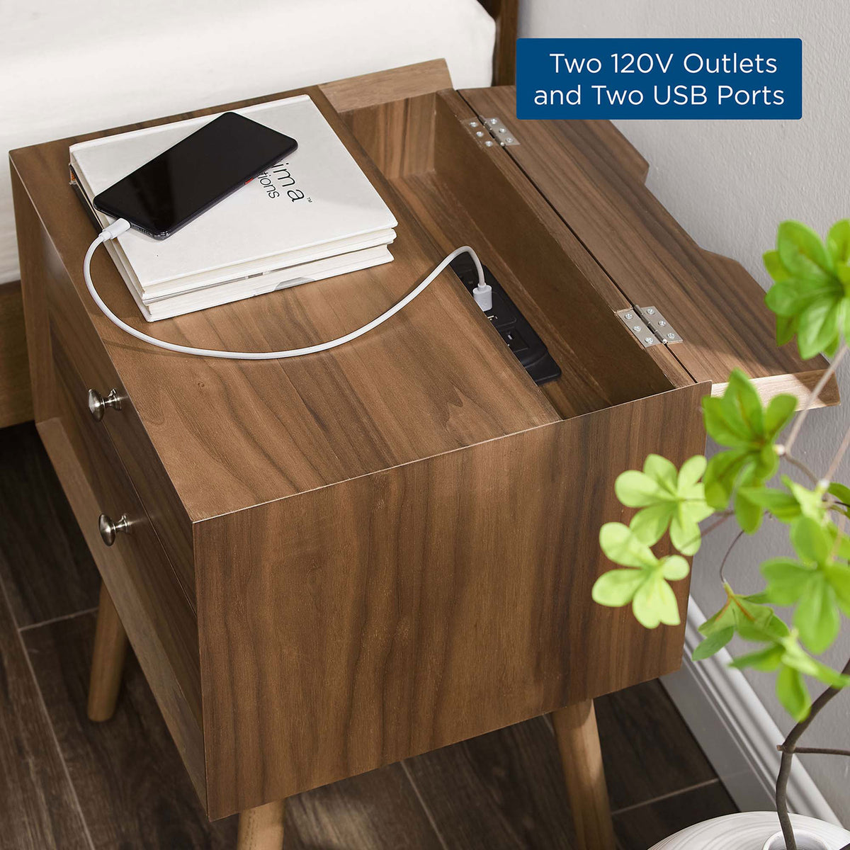 Nightstand charging station with text callout highlighting two outlets and two USB ports || EEI-4343-WAL-WAL || callout_room