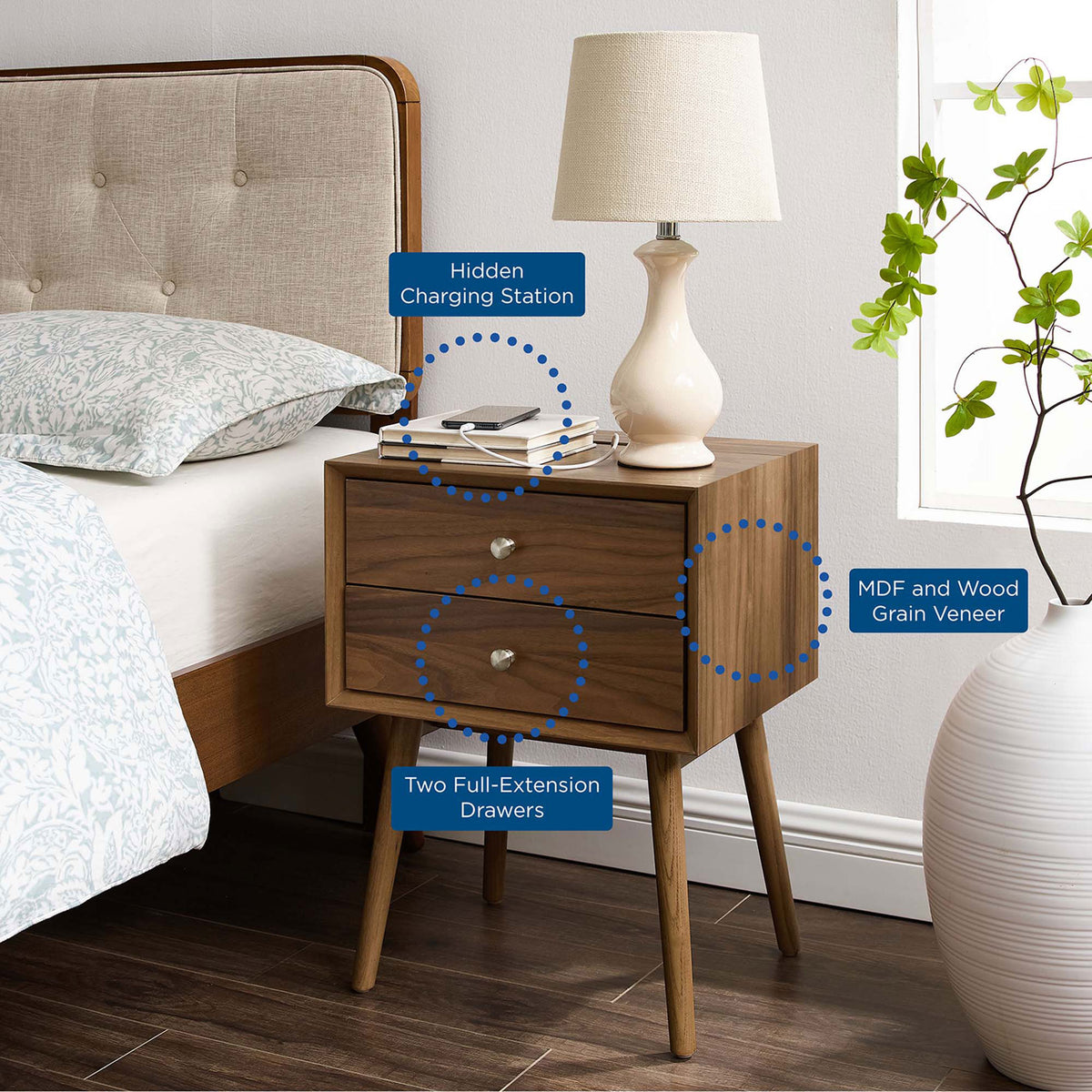 Bedroom scene with walnut nightstand and feature callouts for drawers, veneer, and charging station || EEI-4343-WAL-WAL || callout_room