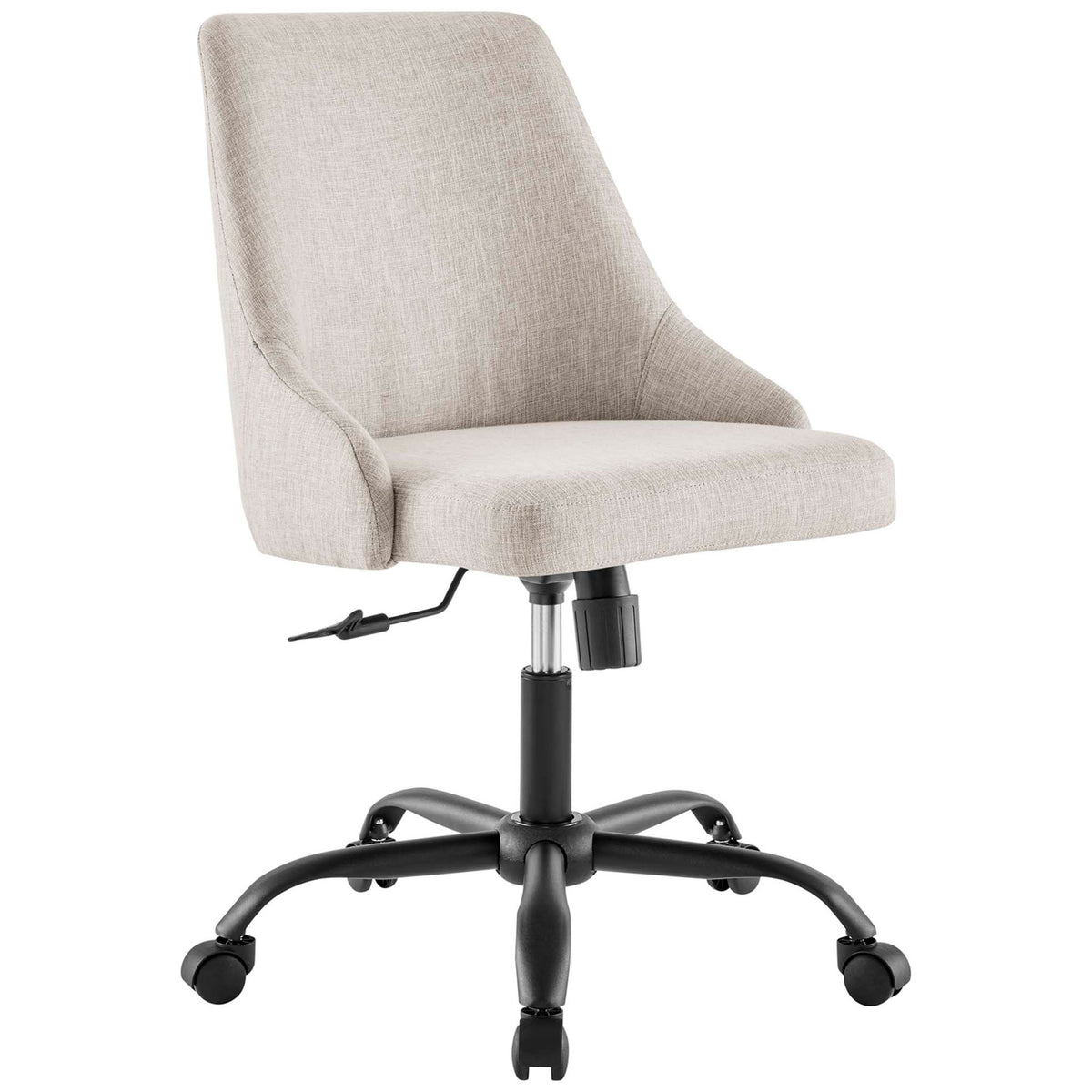 Beige swivel office chair with gently tapered back, height adjustment control, and sturdy black caster base || EEI-4371-BLK-BEI || front_angle_studio