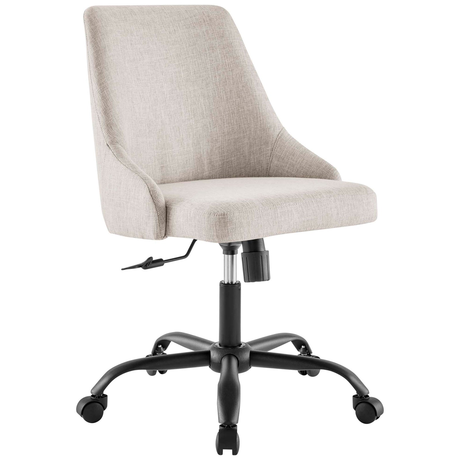 Beige swivel office chair with gently tapered back, height adjustment control, and sturdy black caster base || EEI-4371-BLK-BEI || front_angle_studio