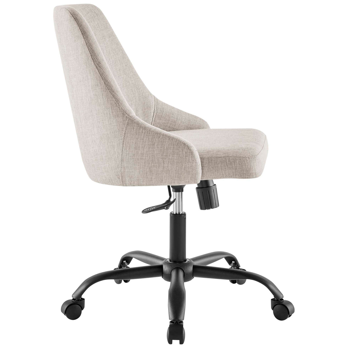 Beige upholstered office chair highlighting the curved backrest, thick seat cushion, and slim black swivel base || EEI-4371-BLK-BEI || side_studio