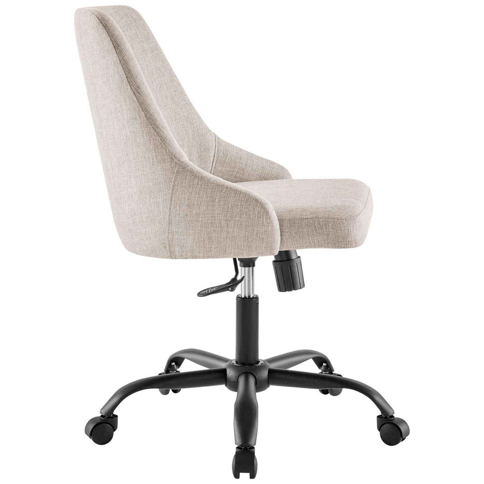 Beige upholstered office chair highlighting the curved backrest, thick seat cushion, and slim black swivel base || EEI-4371-BLK-BEI || side_studio