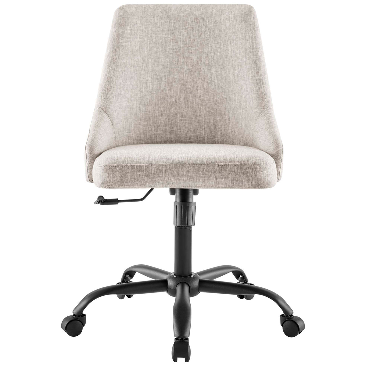 Streamlined beige upholstered office chair with armless design, cushioned seat, and black wheeled base || EEI-4371-BLK-BEI || front_studio