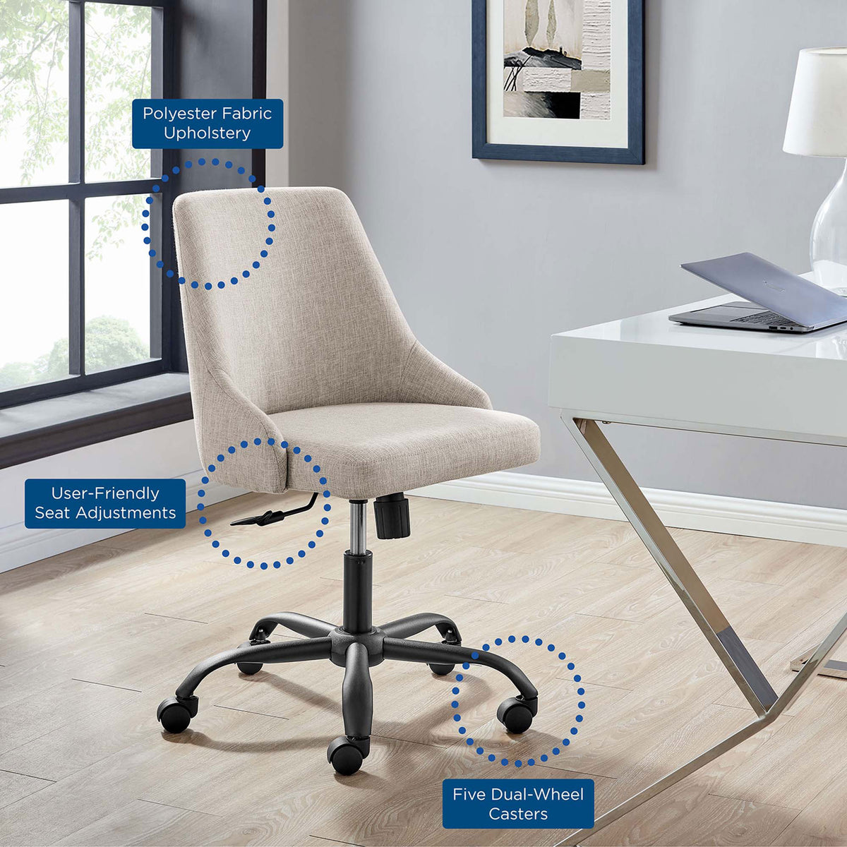 Beige upholstered office chair in a home office with labeled features for fabric, adjustments, and dual wheel casters || EEI-4371-BLK-BEI || callout_room