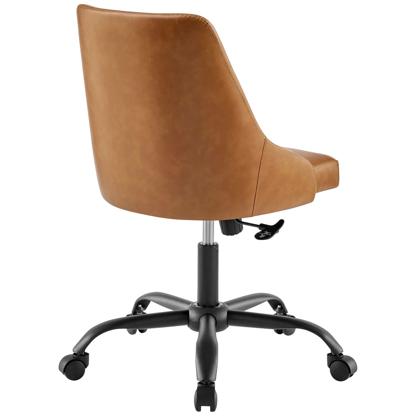 Designate tan vegan leather office chair with smooth back upholstery and a gently curved wraparound backrest || EEI-4372-BLK-TAN || back_studio