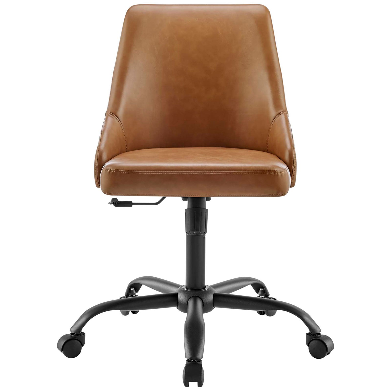 Designate tan vegan leather office chair with low arms and black swivel base for modern home offices || EEI-4372-BLK-TAN || front_studio