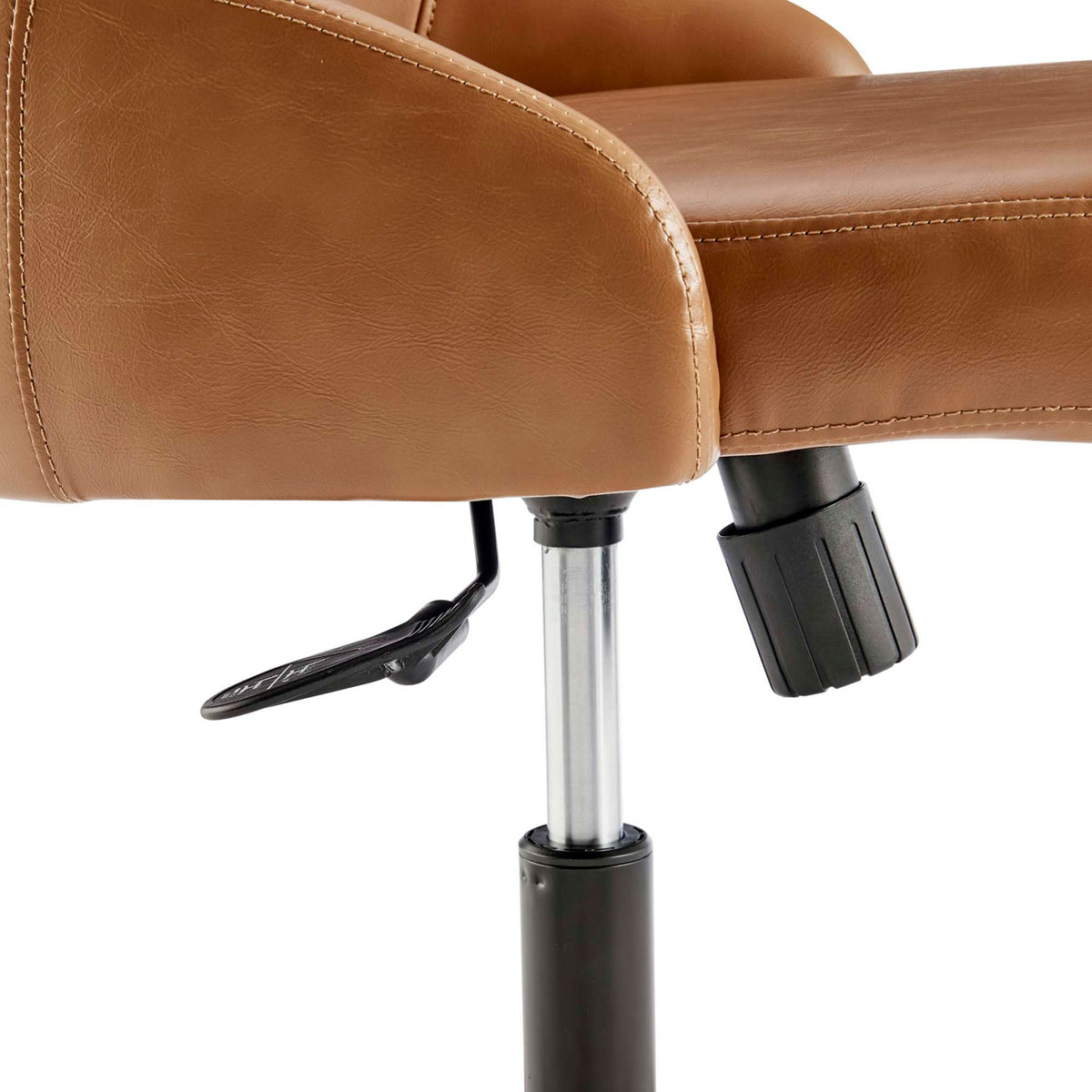 Designate tan office chair seat with waterfall front edge and visible height adjustment lever on the black metal base || EEI-4372-BLK-TAN || detail_studio