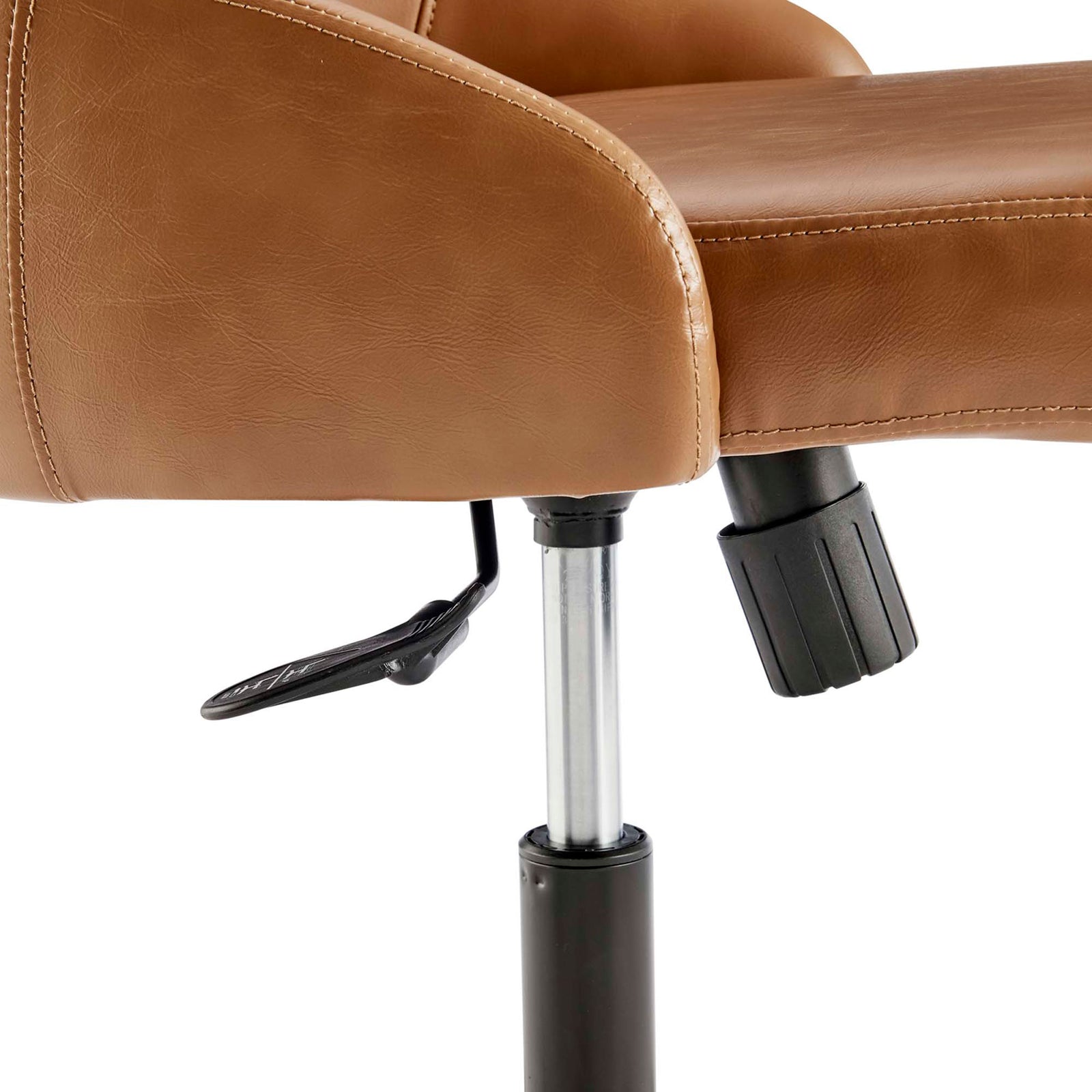 Designate tan office chair seat with waterfall front edge and visible height adjustment lever on the black metal base || EEI-4372-BLK-TAN || detail_studio
