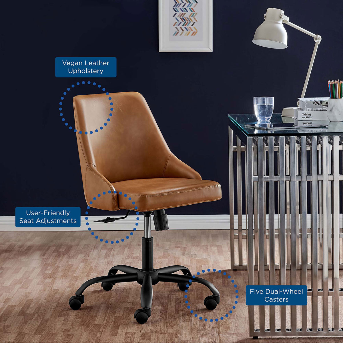 Designate tan vegan leather office chair at a glass desk with callouts for upholstery, seat adjustments, and casters || EEI-4372-BLK-TAN || callout_room