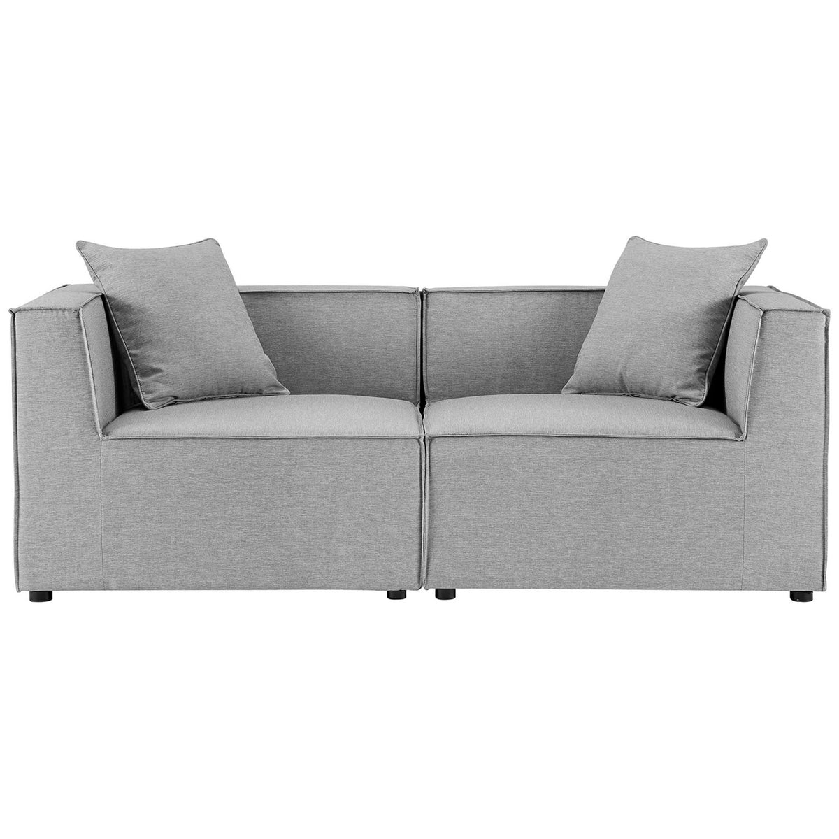 Outdoor gray upholstered sectional loveseat with clean lines and two plush back pillows. || EEI-4377-GRY || front_studio