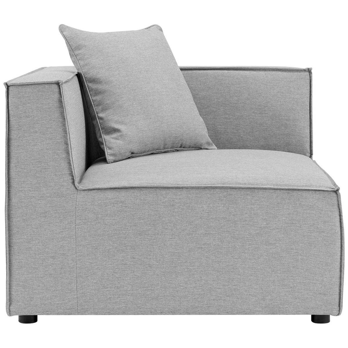 Gray patio loveseat module with low-profile backrest and smooth, tailored upholstery. || EEI-4377-GRY || front_partial_studio