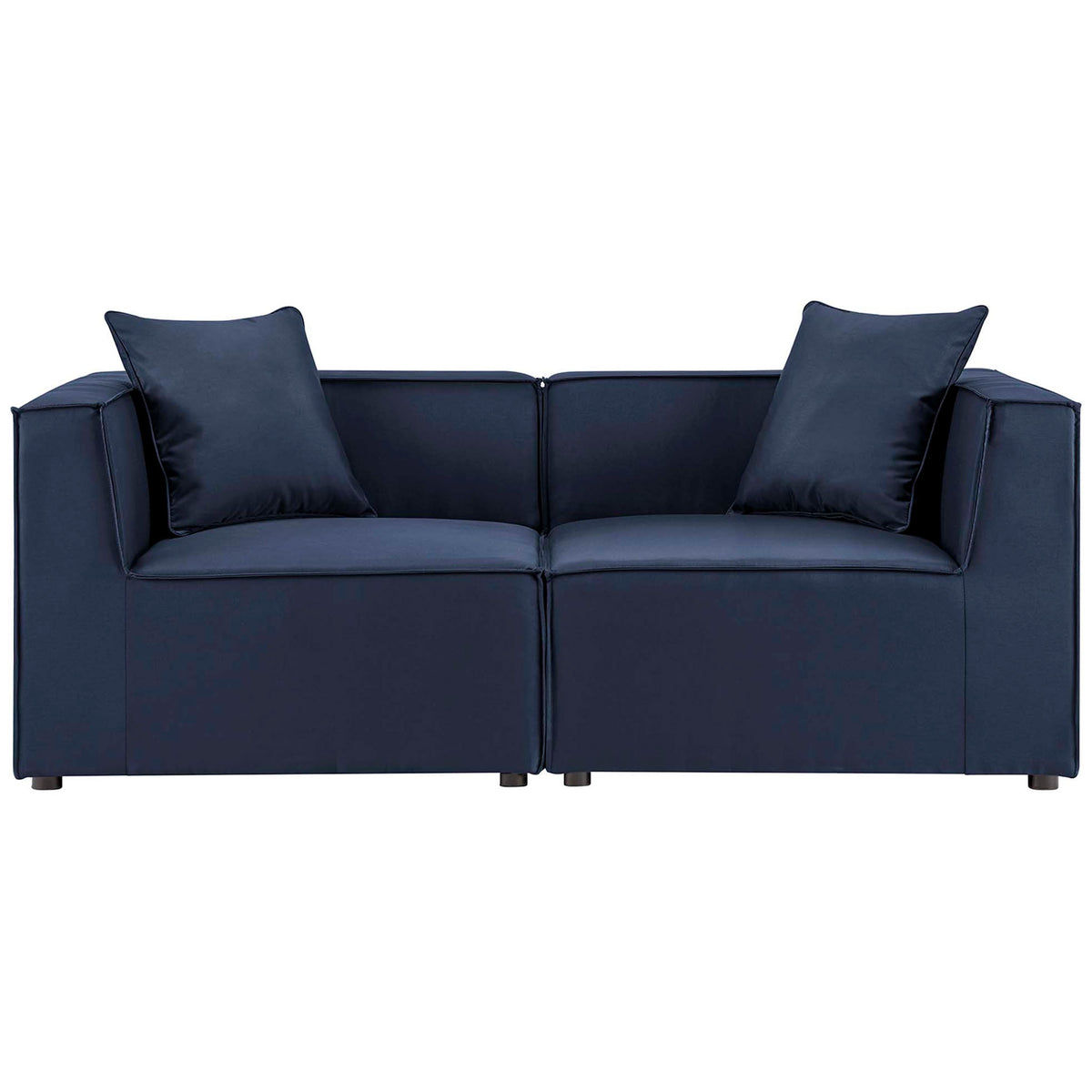 Outdoor navy upholstered sectional loveseat with sleek lines and two matching back pillows. || EEI-4377-NAV || front_studio