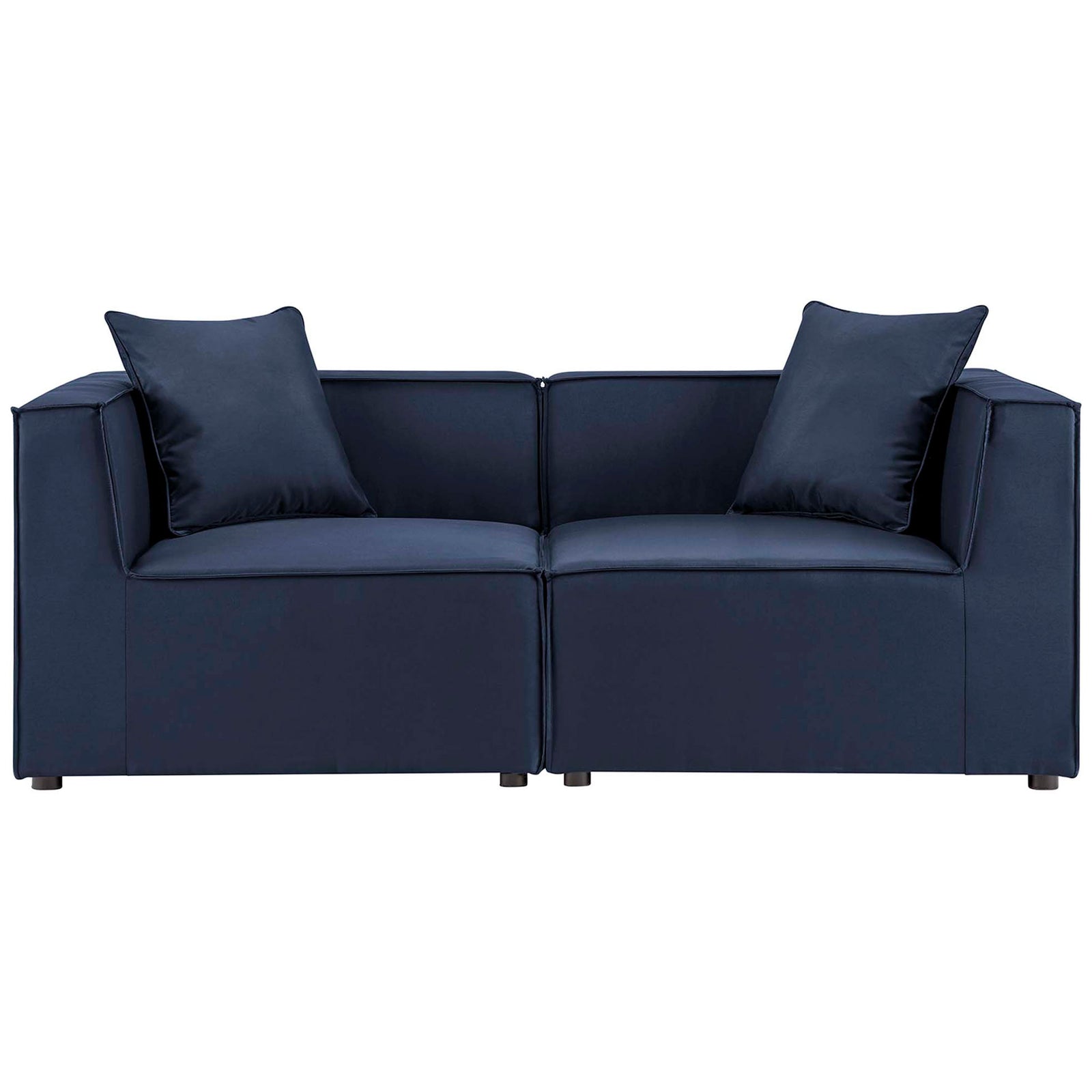 Outdoor navy upholstered sectional loveseat with sleek lines and two matching back pillows. || EEI-4377-NAV || front_studio