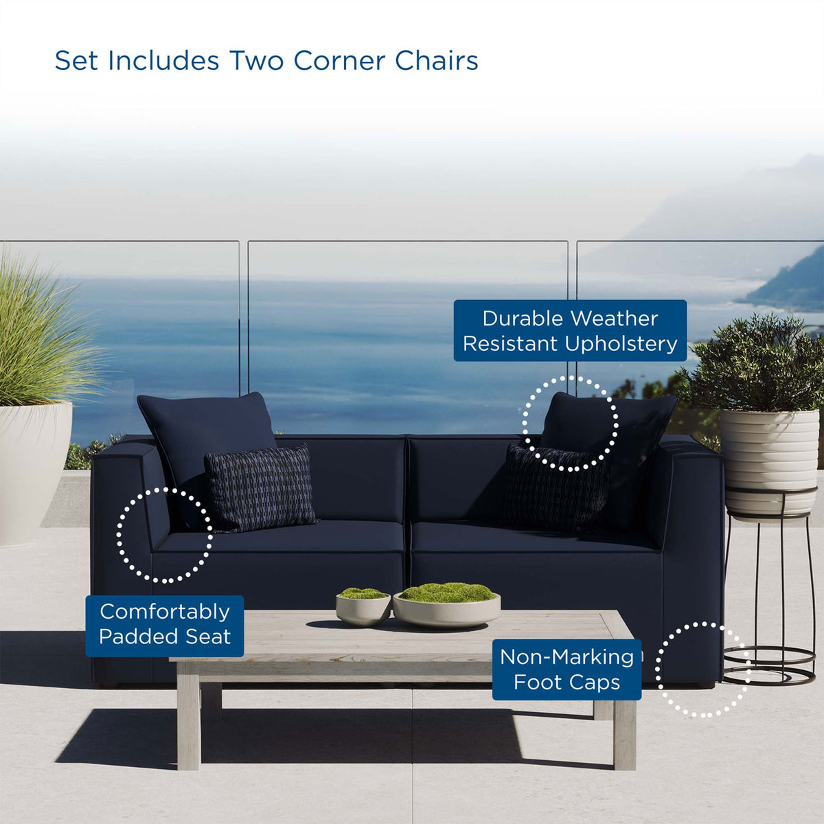 Navy outdoor loveseat arranged with accent pillows and a minimalist coffee table on a sunny terrace. || EEI-4377-NAV || callout_room