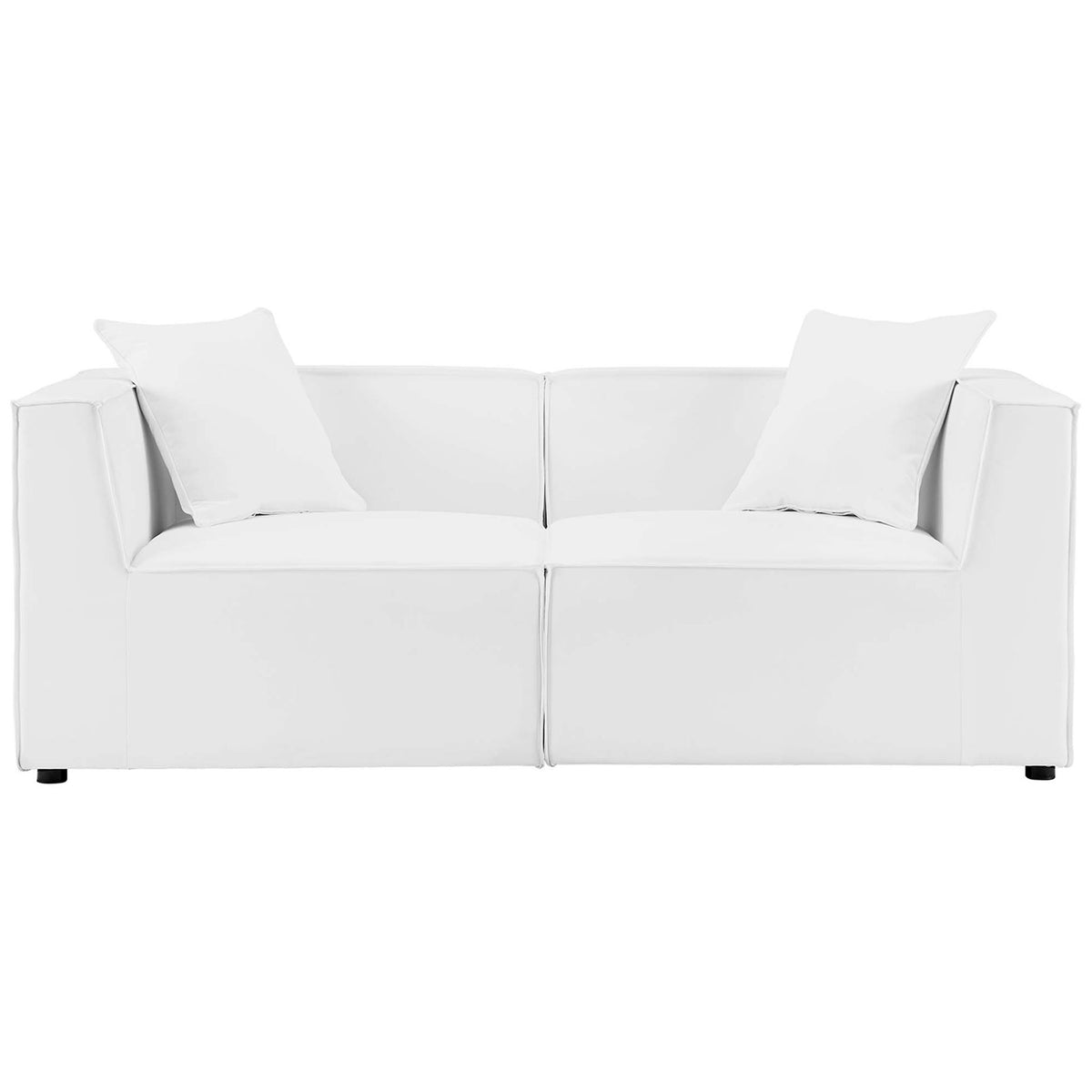 Outdoor white upholstered sectional loveseat with crisp lines and two plush back pillows. || EEI-4377-WHI || front_studio