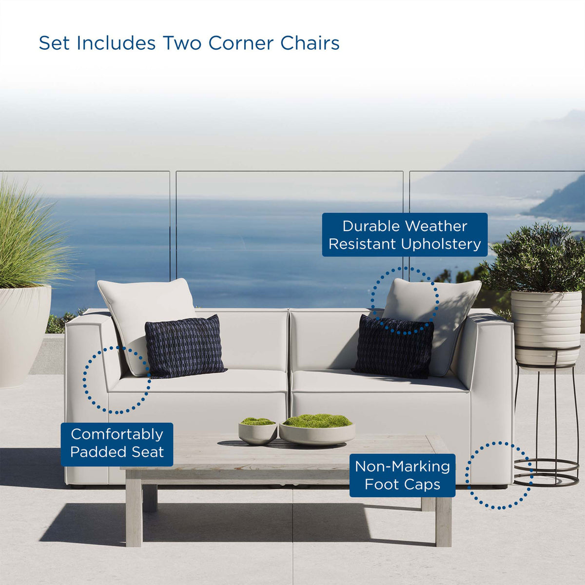 White outdoor loveseat styled with accent pillows and a pale wood table on a contemporary terrace. || EEI-4377-WHI || callout_room